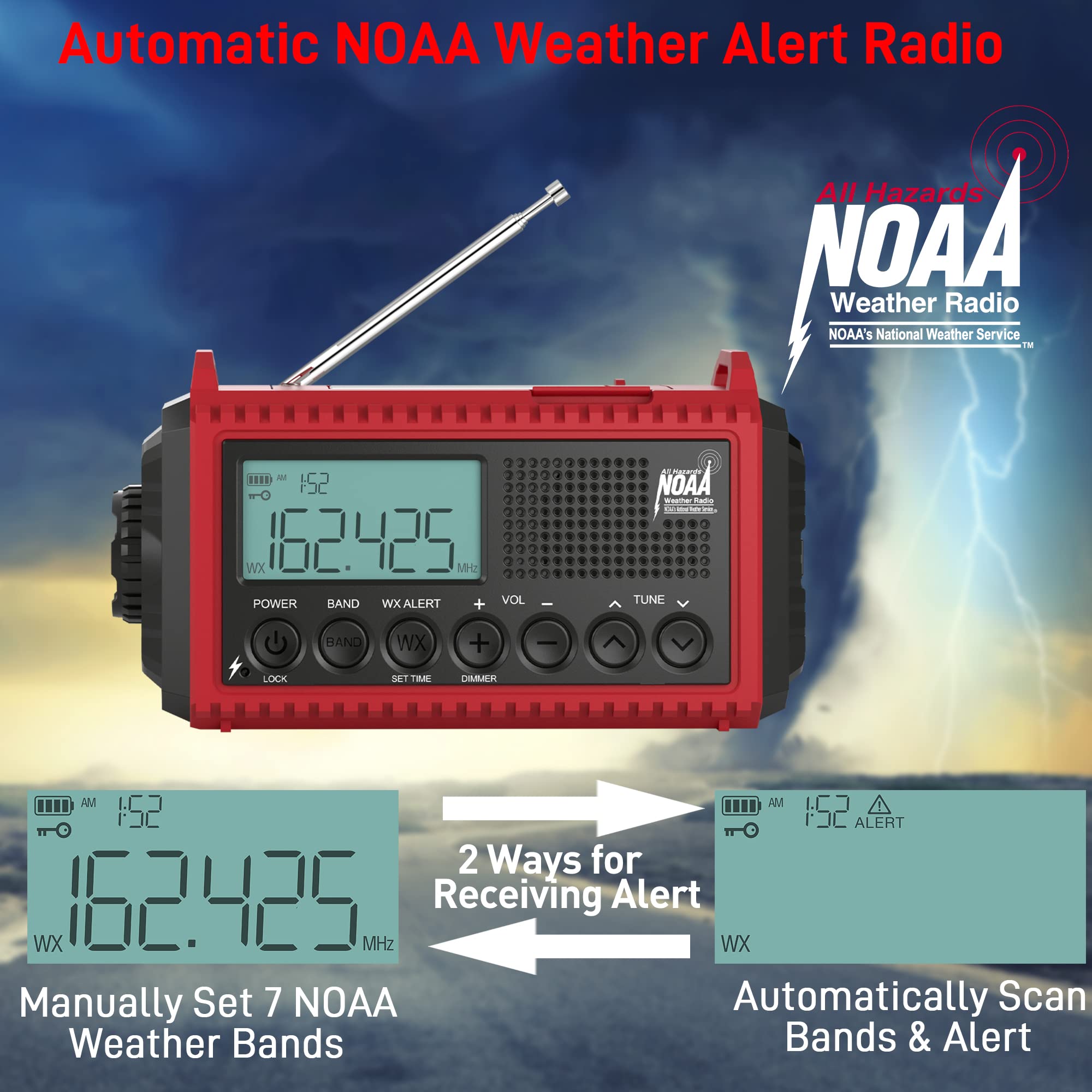 Solar Emergency Radio with Hand Crank & 5000mAh Power - 5-Way Powered AM/FM/NOAA Weather Radio with Auto Alert, USB Phone Charger, Flashlight & Reading Lamp - Perfect for Outdoor Camping, Hiking, Survival Kits & Home Emergency Preparedness