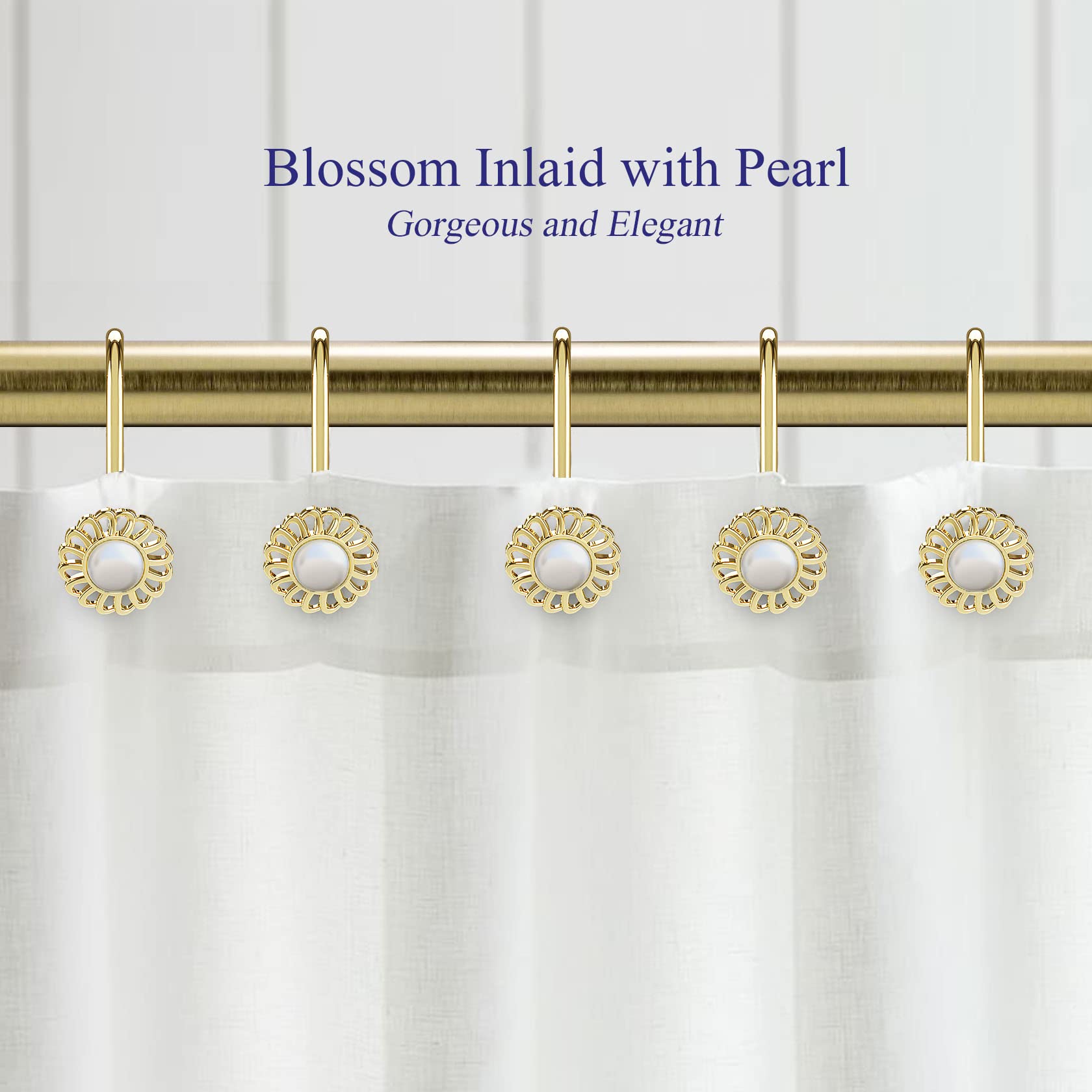 Luxury Gold Shower Curtain Hooks & Rings - Heavy Duty Metal Decorative Bathroom Hangers for Shower Rod and Liner, Sunflower Design, Elegant Gold Finish - Perfect for Modern Bathrooms, Spa-Like Showers, and Luxury Home Decor