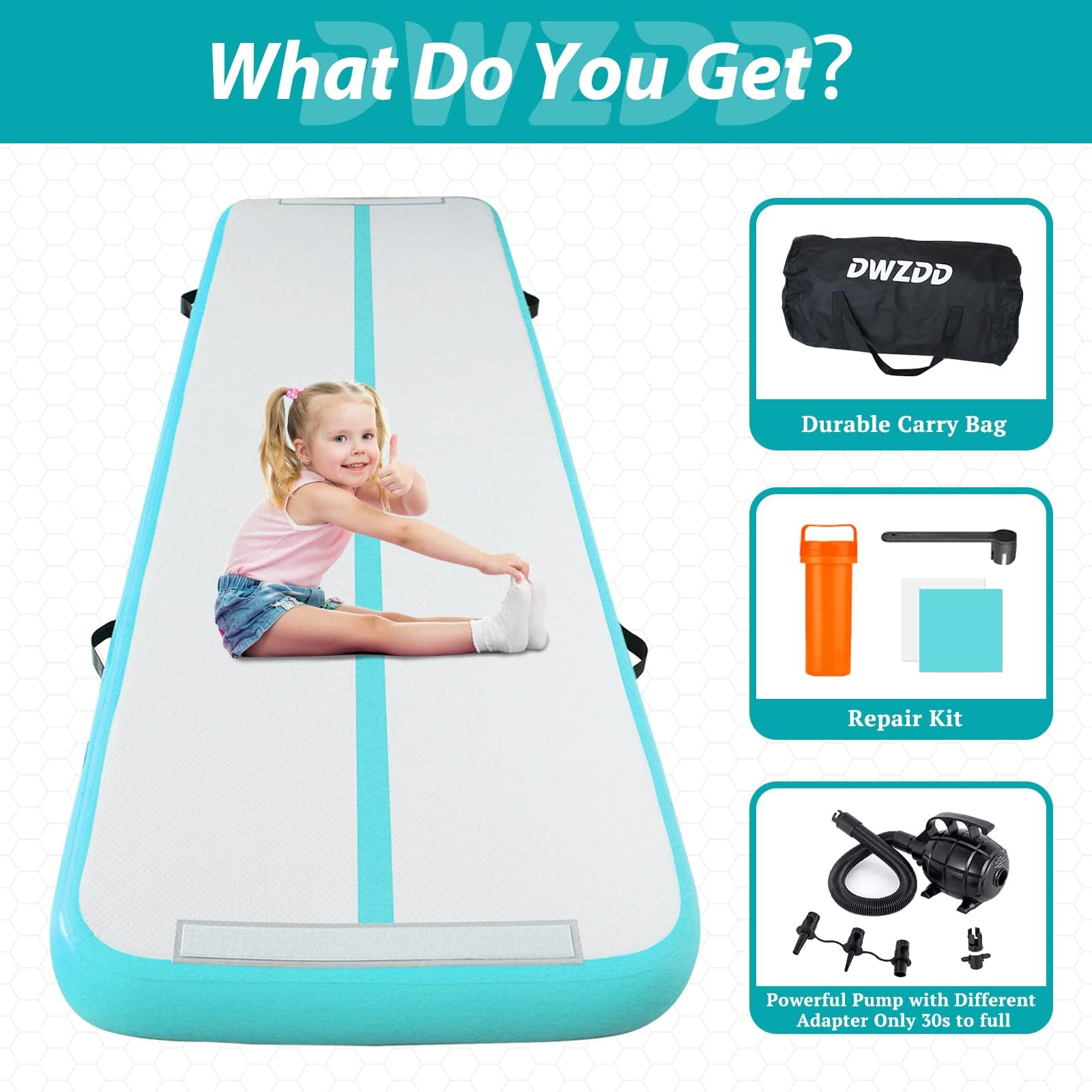 Inflatable Gymnastics Air Mat 10ft/13ft/16ft/20ft - Tumbling Mat with Electric Pump for Home Gym, Cheerleading Training & Water Play | Portable Foldable Exercise Mat for Kids & Adults