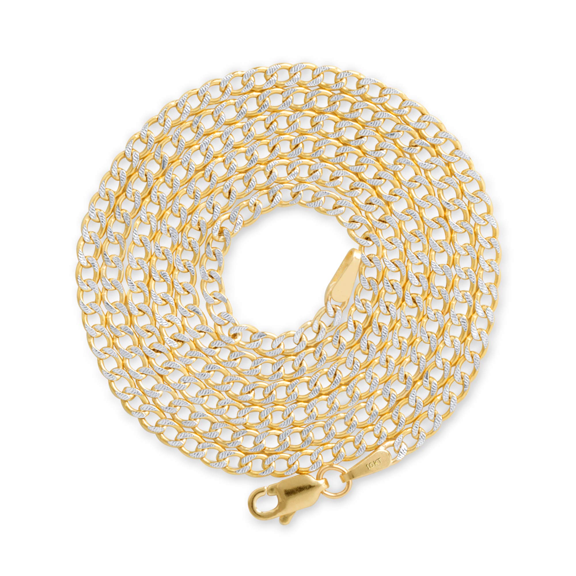 10K Real Yellow Gold Cuban Curb Link Chain Necklace - 2.5mm Diamond Cut Pave Design (16