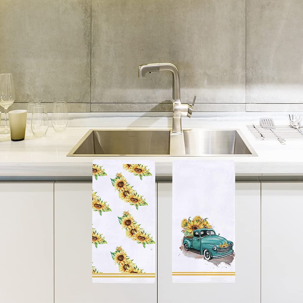 Set of 2 Sunflower Printed Kitchen Dish Towels 18x28 Inch - Absorbent Cotton Tea Towels for Cooking, Baking & Decor - Perfect for Spring Summer Farmhouse, Rustic Kitchen Decor