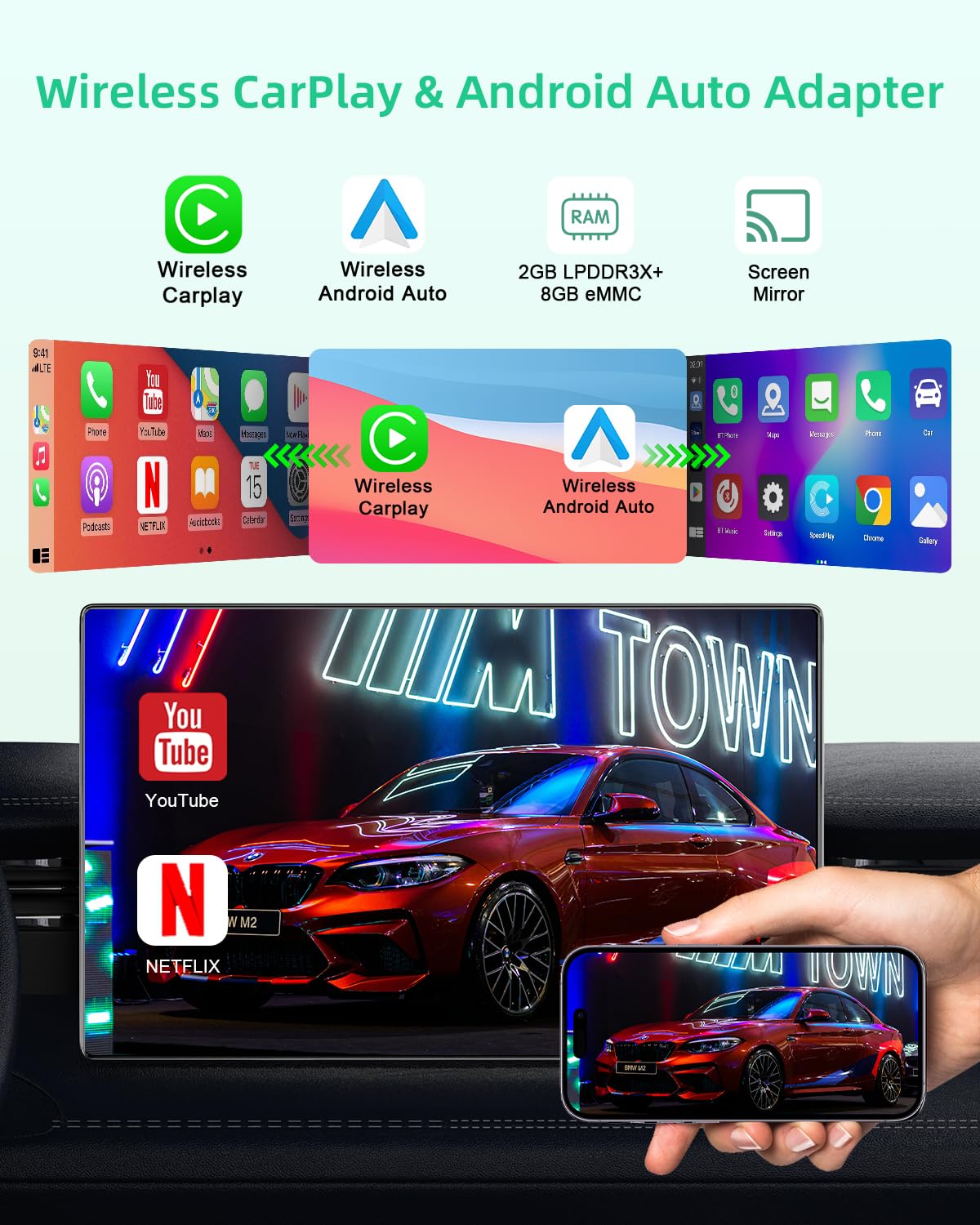 5-in-1 Wireless CarPlay Adapter with Netflix & YouTube Support | 2025 Wireless CarPlay & Android Auto Dongle | Wired to Wireless Converter | Magic CarPlay AI Box for iPhone & Android | Perfect for Long Road Trips & In-Car Entertainment