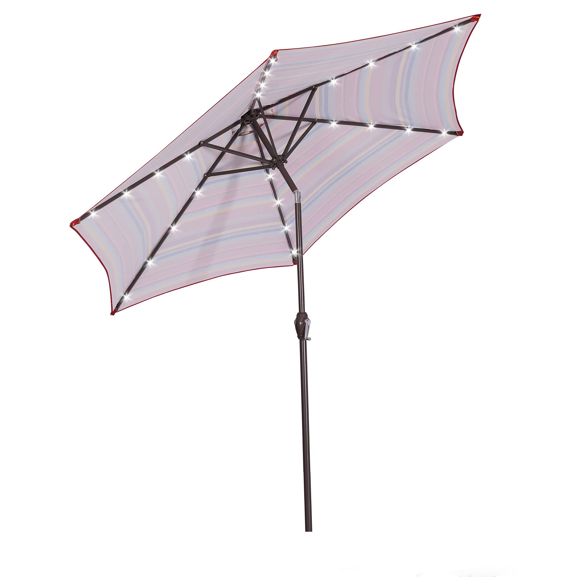 8.7-Ft Outdoor Patio Market Umbrella with Push Button Tilt & Crank - Red Stripes & 24 LED Lights for Garden, Poolside, Restaurant (Umbrella Base Sold Separately) - Perfect for Shade & Ambience in Backyard, Beach or Cafe