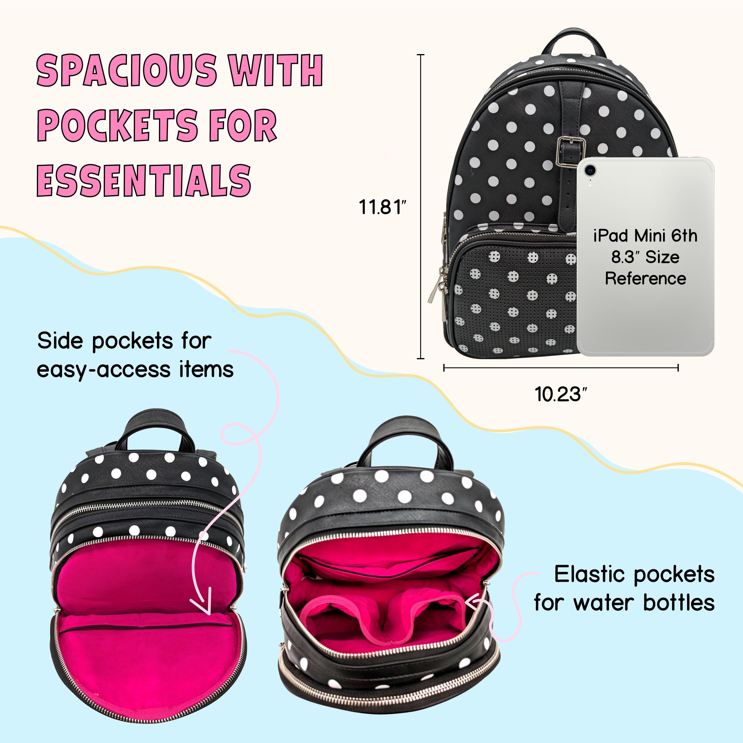 Designer Park Company - Stylish Leather Rope Drop Backpack for Women | Adjustable Straps, Hydration Kit & Locking Pins | Perfect for Theme Parks, Travel & Everyday Use - Minnie Dot Pattern