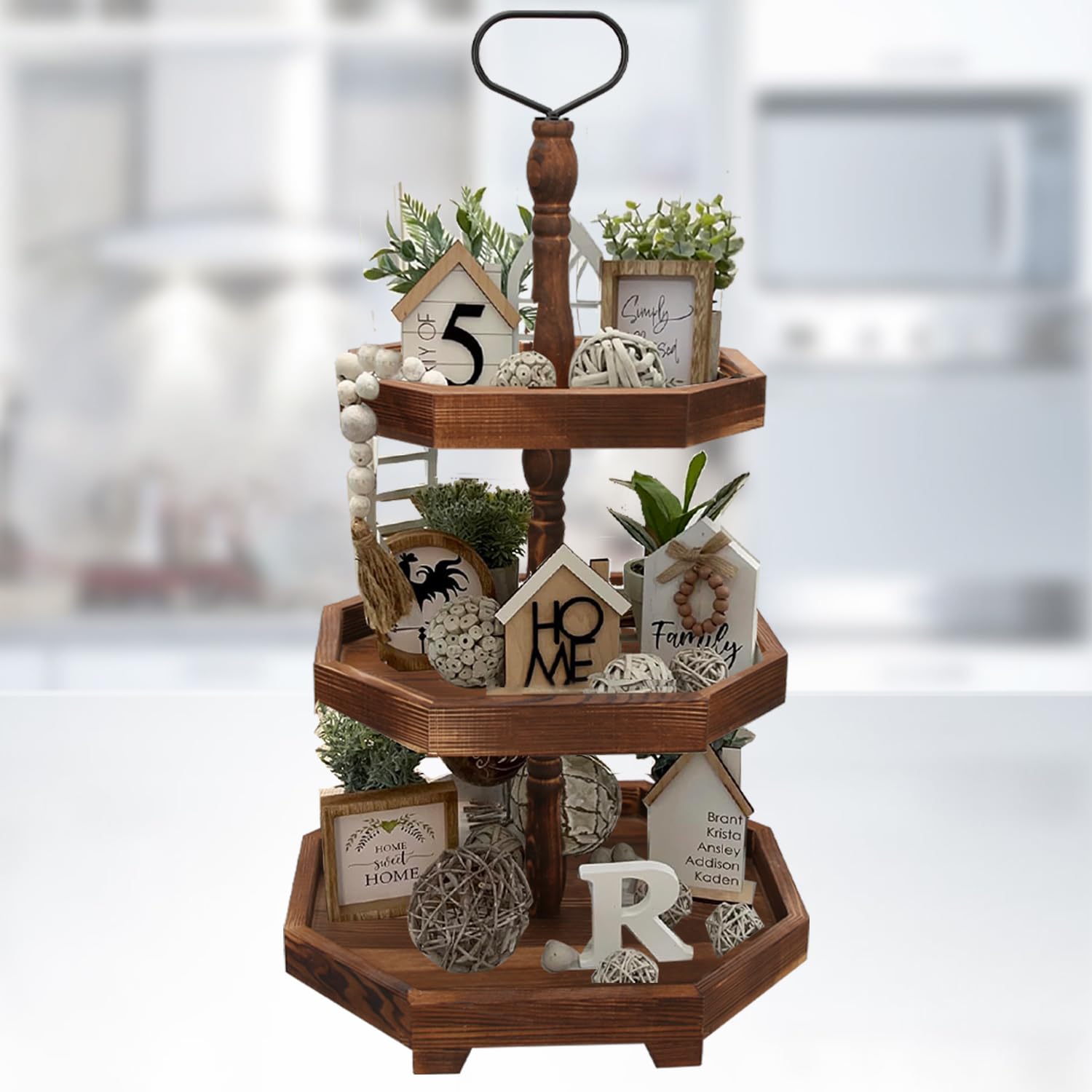 3-Tier Wooden Serving Tray - Rustic Farmhouse Decor for Kitchen, Desserts & Cupcakes | 27