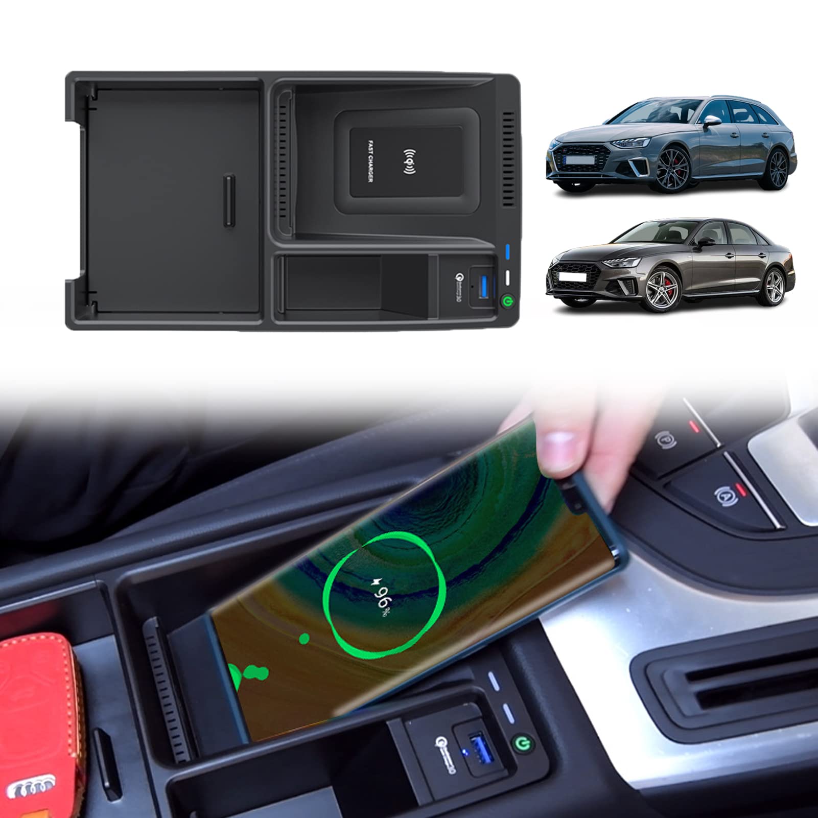 15W Fast Wireless Charger Tray for Audi A4L/A4/S4/RS4/A5/S5/RS5 - Center Console Phone Charging Accessory for iPhone & Samsung - Perfect for Road Trips & Daily Commutes