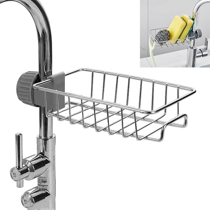 Stainless Steel Kitchen Sink Soap Holder & Sponge Rack - Rustproof Faucet Mount Organizer for Dish Soap, Sponges & Brushes | Perfect for Small Spaces, RV Sinks & Clutter-Free Kitchen Countertops