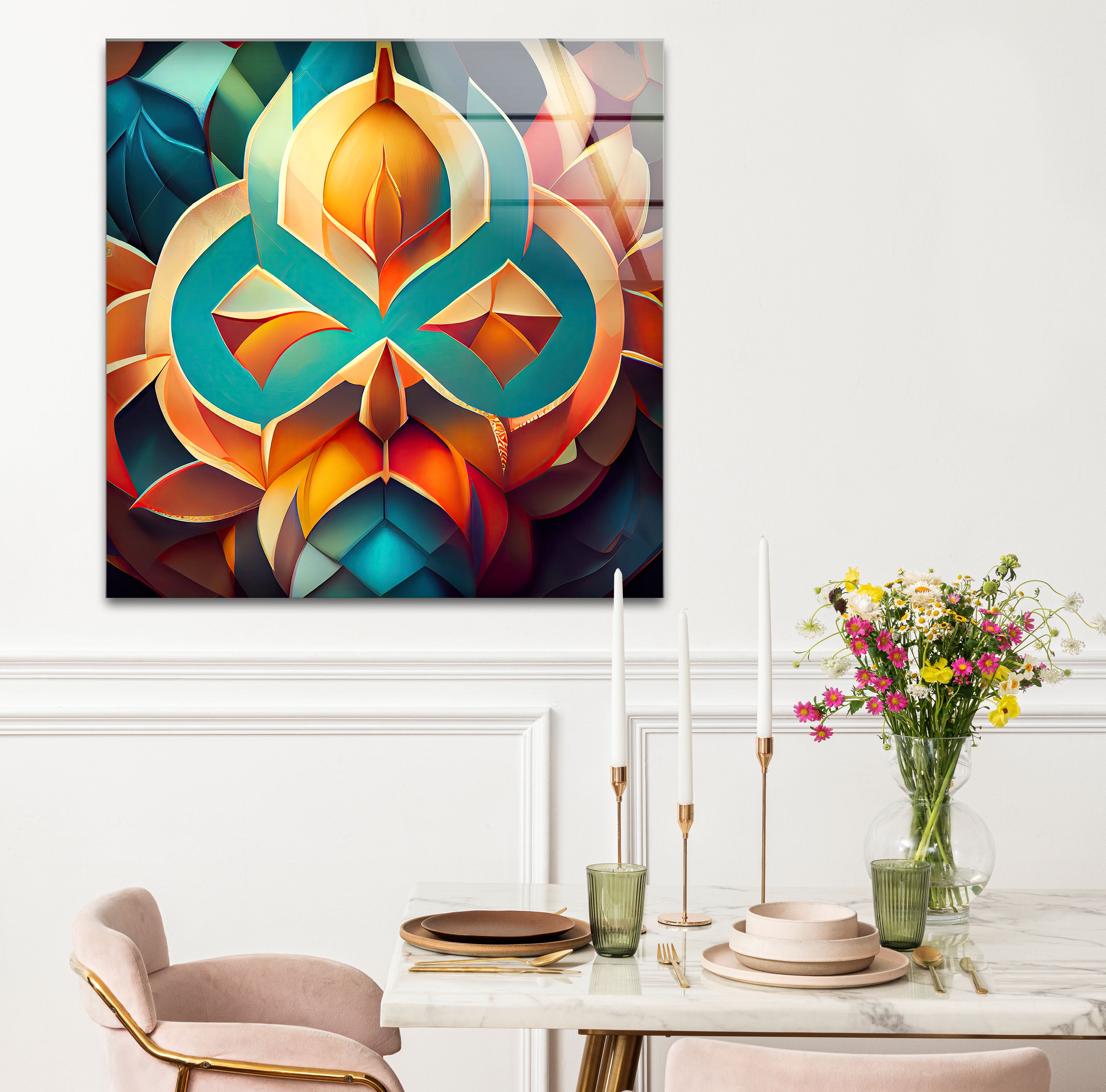 3D Geometric Mandala Glass Wall Art - Vibrant Abstract Lotus Design for Home & Office Decor | Modern Spiritual Meditation Room Decorations | Unique Gift Idea for Yoga Lovers & Art Collectors