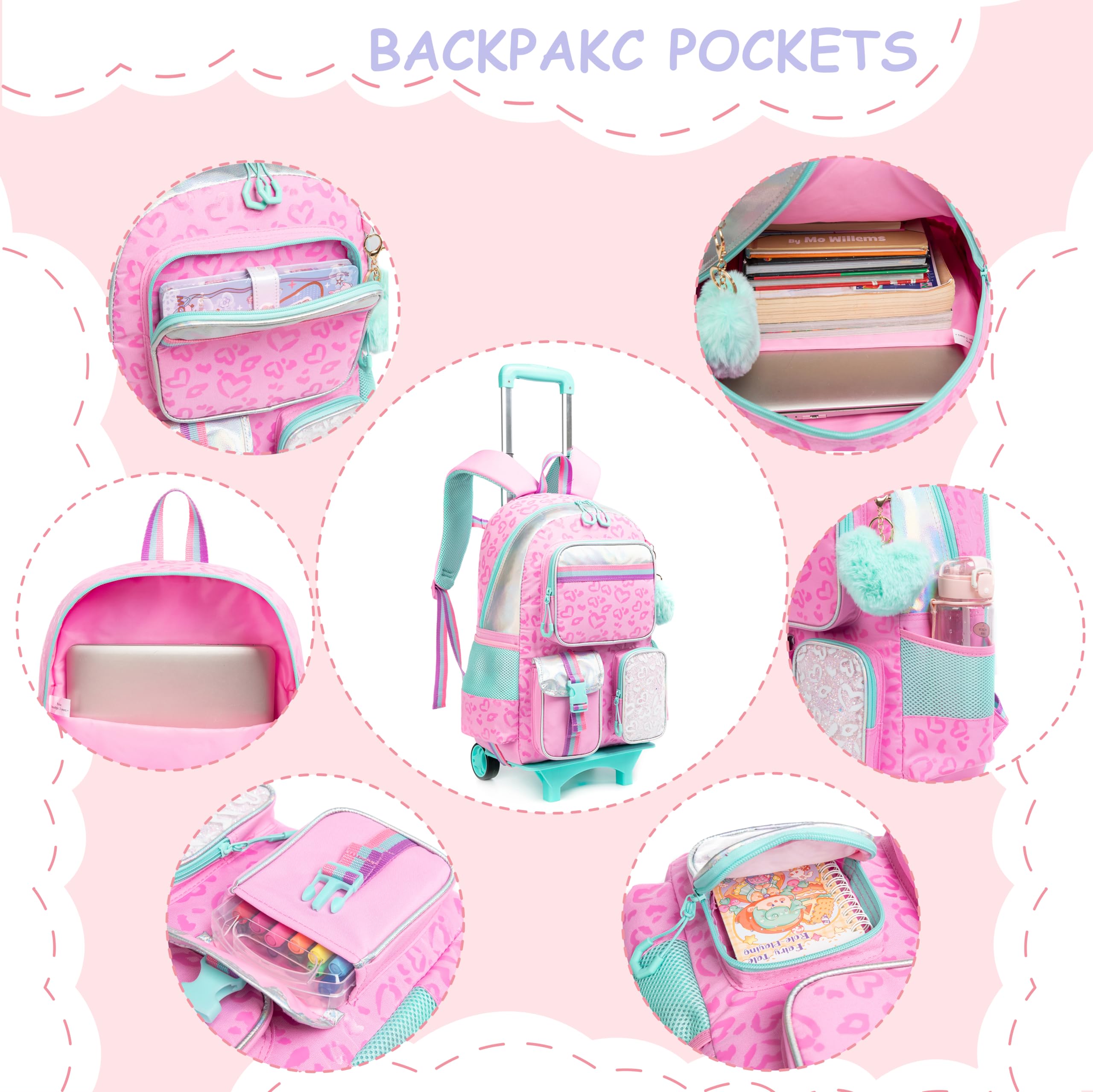 Rolling Backpacks for Kids with Wheels - School Backpack for Girls with Lunch Bag & Pencil Case - Toddler Daycare & Elementary Bookbag - Perfect for School, Travel, and Daily Use