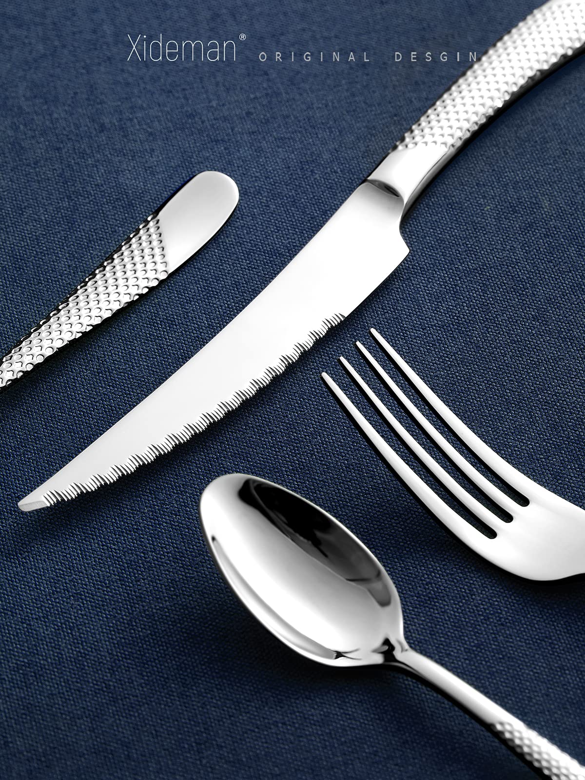 16-Piece Modern Hammered Cutlery Set with Ultra Sharp 2-in-1 Serrated Knife - 18/10 Stainless Steel Silverware Flatware Set for 4 - Elegant Tableware Utensils with Forks, Spoons & Knives - Perfect for Dinner Parties, Restaurants & Home Dining