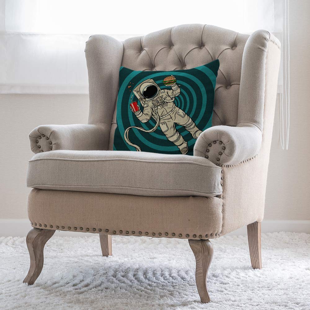Astronaut Spiral Stripes with Cola & Hamburger Starship Throw Pillow Cover - 18x18 Inch Cotton Linen Square Cushion Case for Bedroom, Living Room, Space-Themed Decor