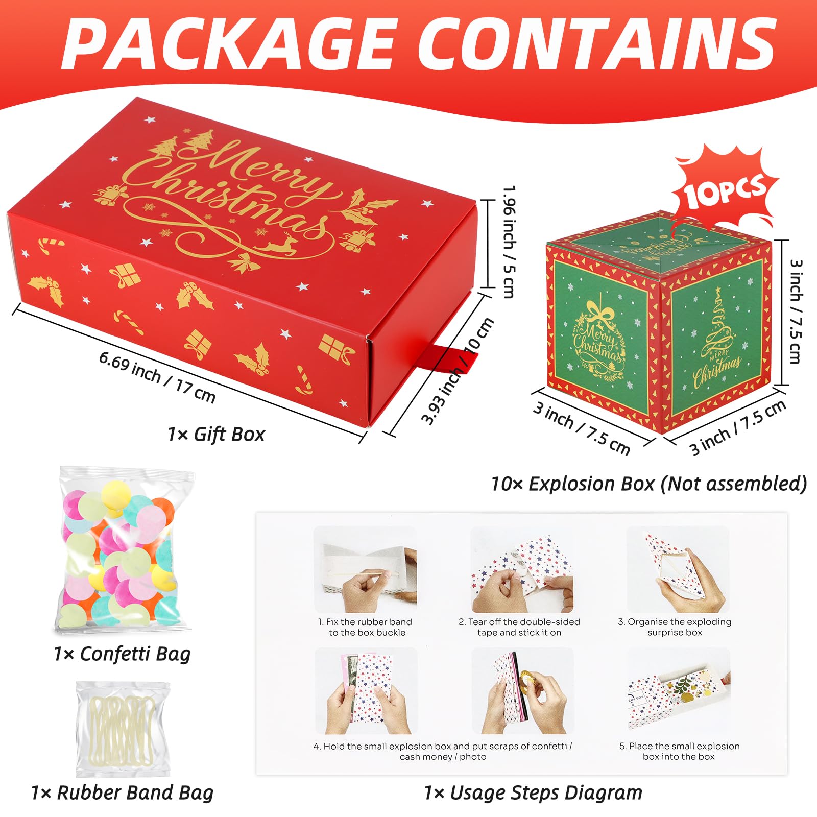 DIY Pop Out Folding Explosion Money Gift Box with Confetti - Christmas Birthday Surprise Cash Present for Women, Men & Kids - Perfect for Holidays, Parties & Special Occasions (Red)