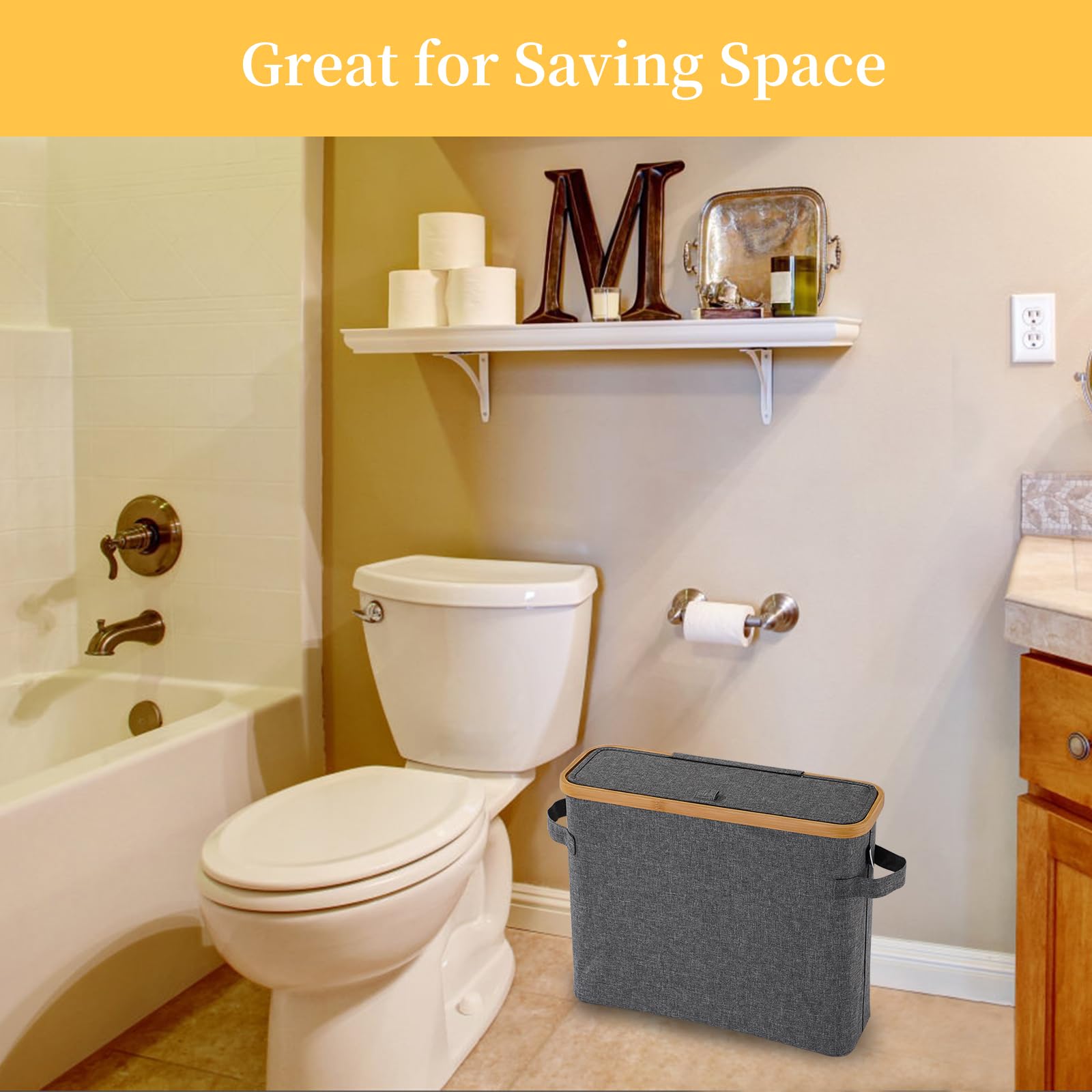 Bamboo Toilet Paper Storage Basket with Lid - Bathroom Tissue Holder Organizer for RV, Closet & Home - Gray Storage Box with Handle | Perfect for Small Spaces, Bathroom Counter & Vanity Organization