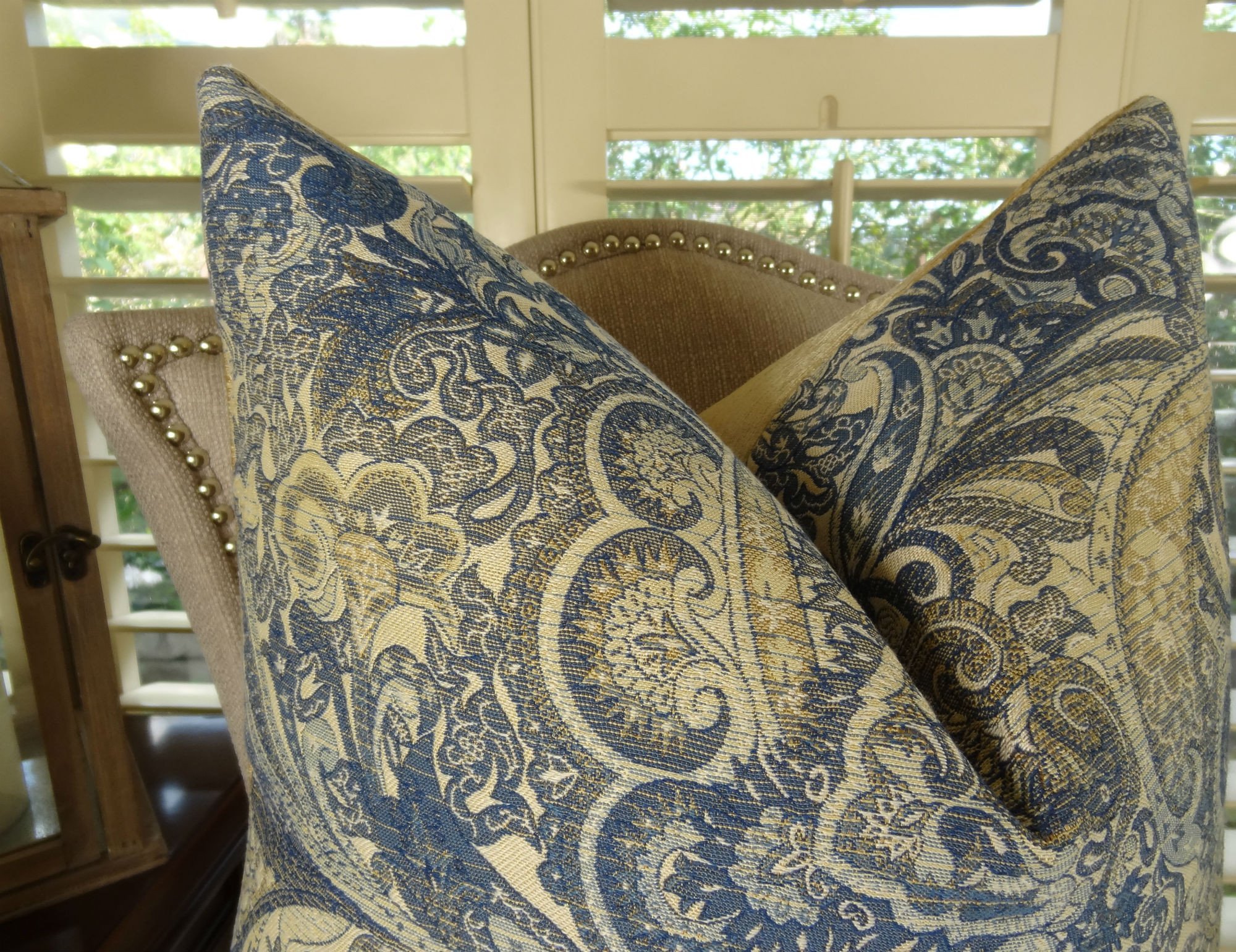 Navy Blue Floral Paisley Decorative Throw Pillow - Modern Taupe Navy Cream Designer Pillow - Made in USA | Perfect for Living Room, Bedroom & Sofa Decor