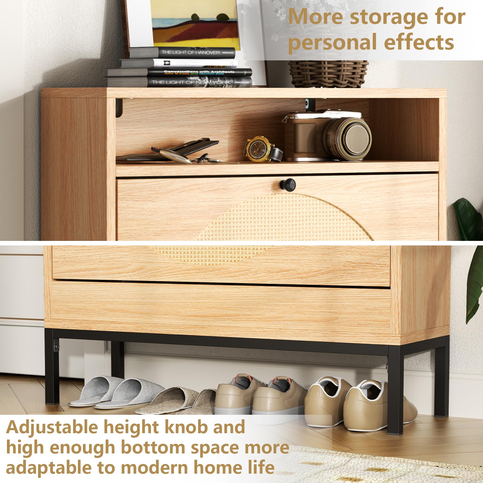 Rattan Shoe Cabinet with 2 Flip Drawers - Slim Shoe Closet Organizer, Hidden Shoe Storage for Entryway, Hallway, Living Room - Perfect for Small Spaces & Apartment Decor