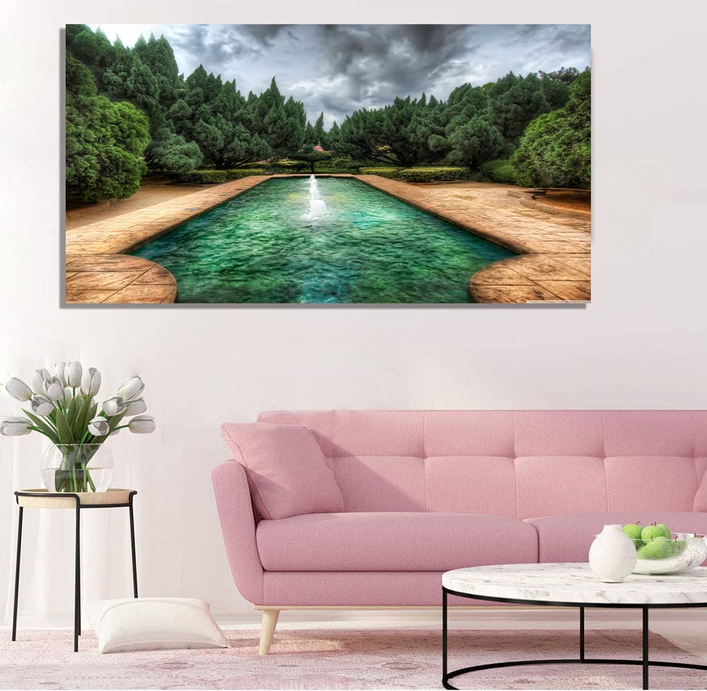 Garden Pool Canvas Art - Framed Landscape Painting Wall Decor for Home, Office, Bedroom - Ready to Hang - Perfect for Living Room, Dining Area & Spa Relaxation