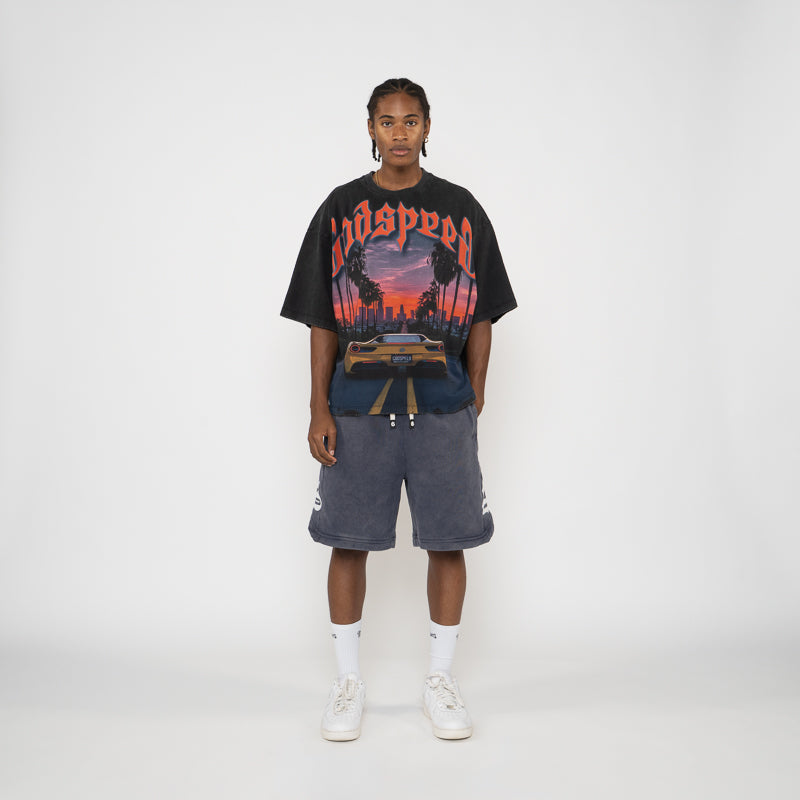 Godspeed New York Sunset Blvd Graphic T-Shirt - Vintage Black Wash Style - Perfect for Streetwear & Urban Fashion