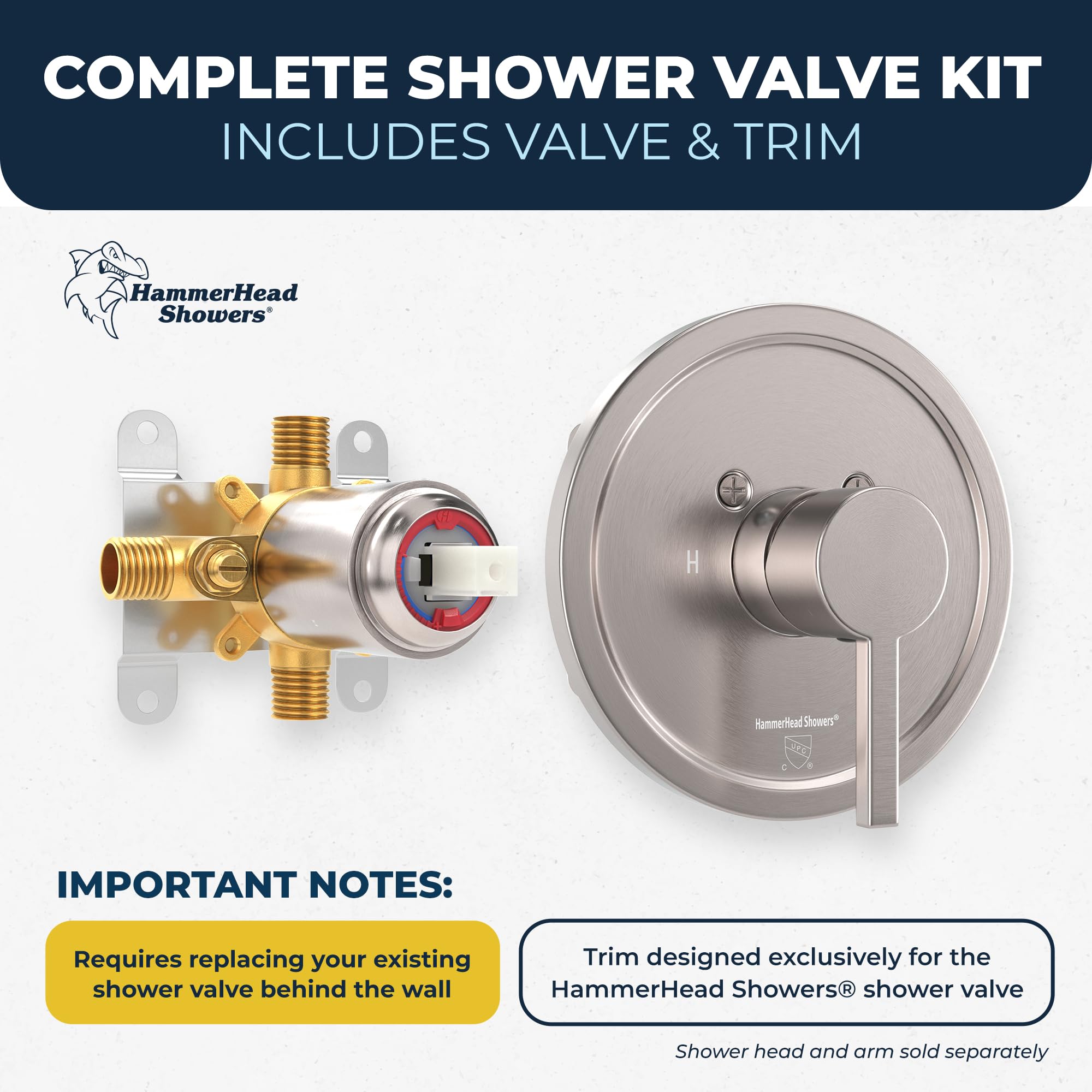 HammerHead Showers® ALL METAL Single-Handle Shower Valve & Trim Kit in Brushed Nickel - Pressure Balance Valve with Temperature & Volume Control - Complete Rough-In Shower System for Bathroom Remodel & New Construction - Perfect for Modern Home Upgrades & Spa-Like Shower Experience
