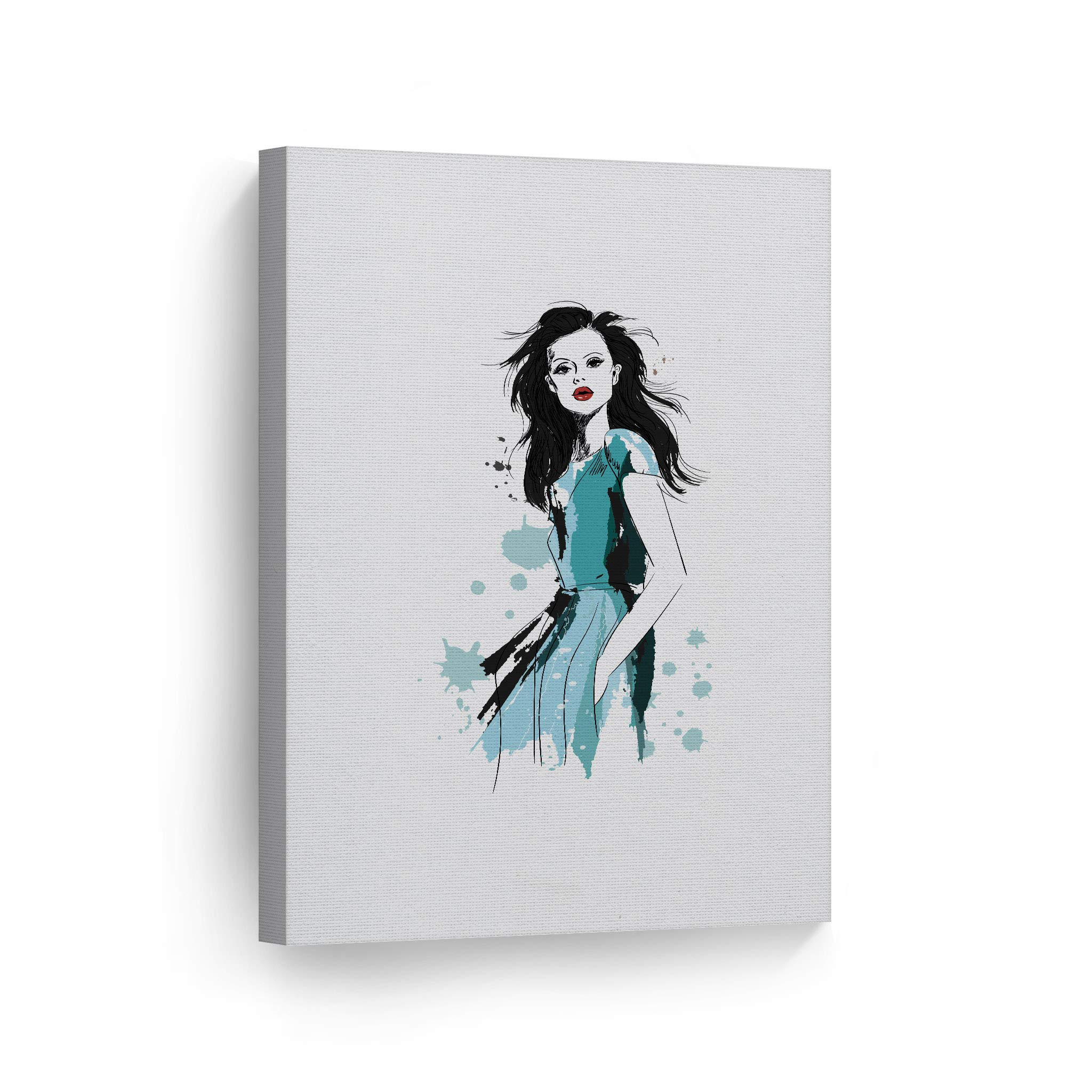 Cool Black Haired Woman in Blue Dress & Red Lips Glam Fashion Canvas Wall Art Print - Modern Home & Office Decor for Living Room, Bedroom, Bathroom, Dorm - Ready to Hang 40x30 Inches - Perfect for Women's Spaces & Gift Giving