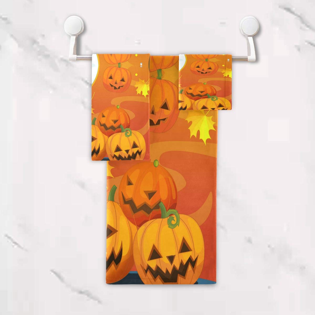 Halloween Pumpkin Leaf Owl Print Bathroom Towel Set - 3-Piece Decorative Towel Bundle (Bath Towel, Hand Towel & Washcloth) for Spooky Fall Bathroom Decor & Seasonal Home Styling