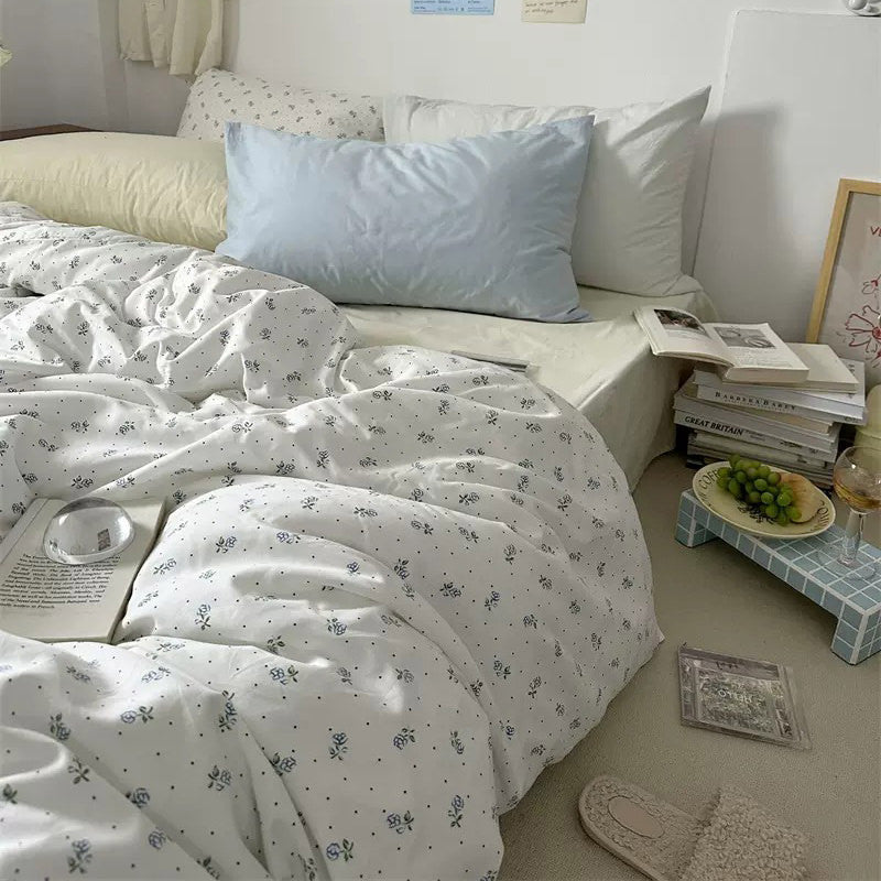 Light Blue Tiny Flowers Cotton Bedding Set - Soft Floral Printed Queen Size Bed Sheets for Cozy Bedroom Decor | Perfect for Home, Guest Room & Vacation House