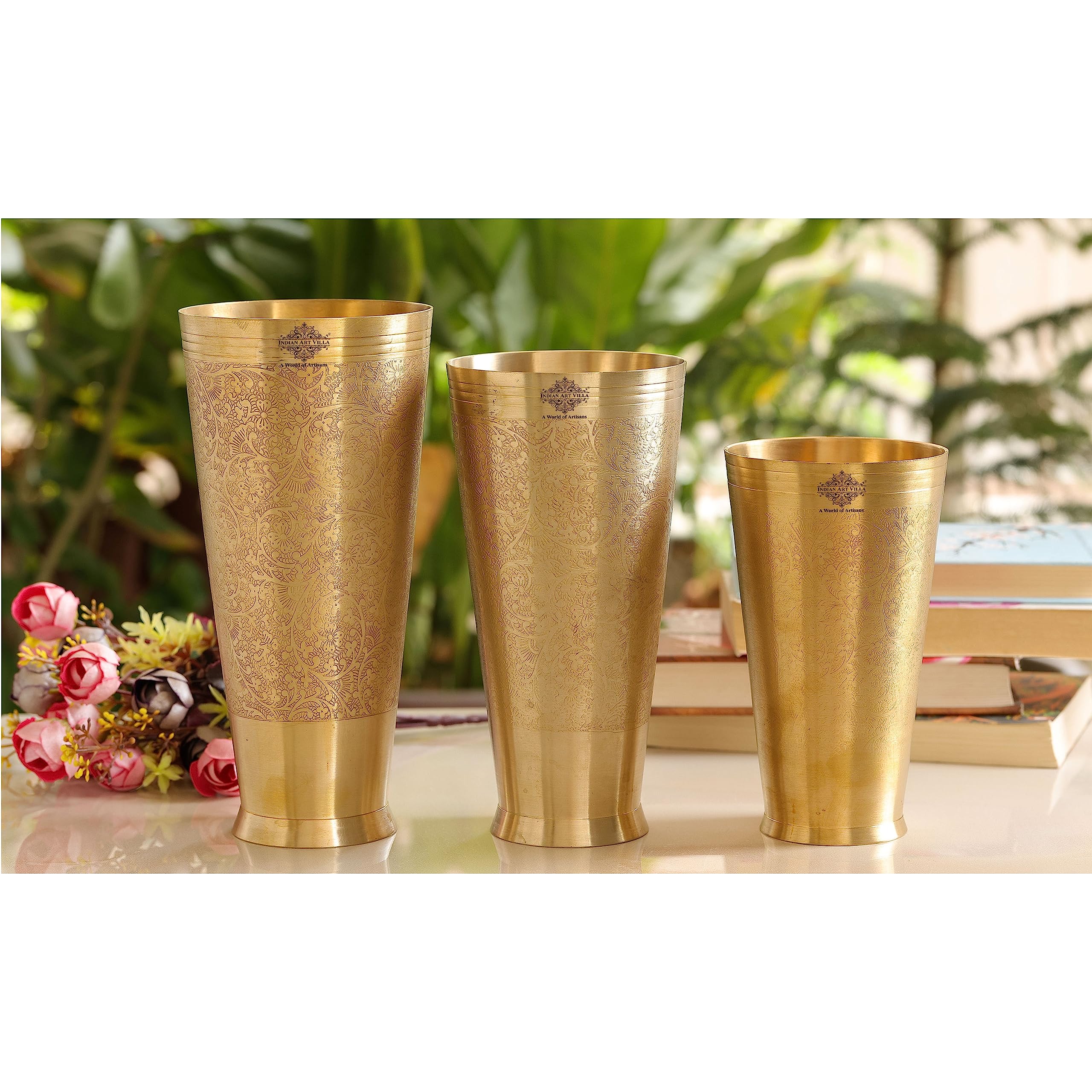 Premium Indian Brass Lassi Glass Tumbler Set - 54oz Embossed Flower Design Drinking Cups (Set of 2) - Perfect for Traditional Yogurt Drinks, Smoothies, and Chilled Beverages at Home or Restaurant