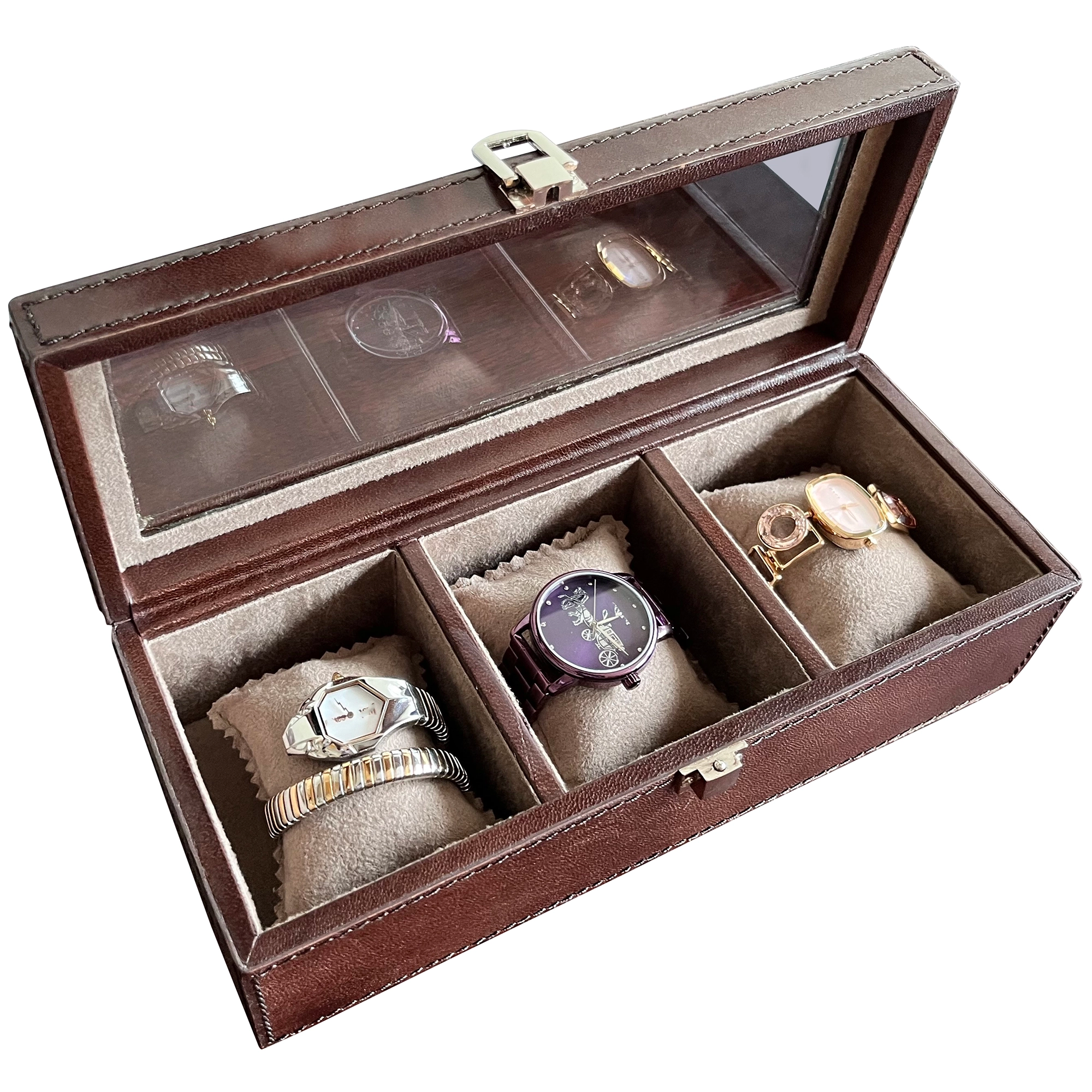 Premium 3-Slot Leather Watch Case - Brown | Luxury Watch Storage & Travel Organizer for Men & Women | Perfect for Home, Office & Travel Accessories