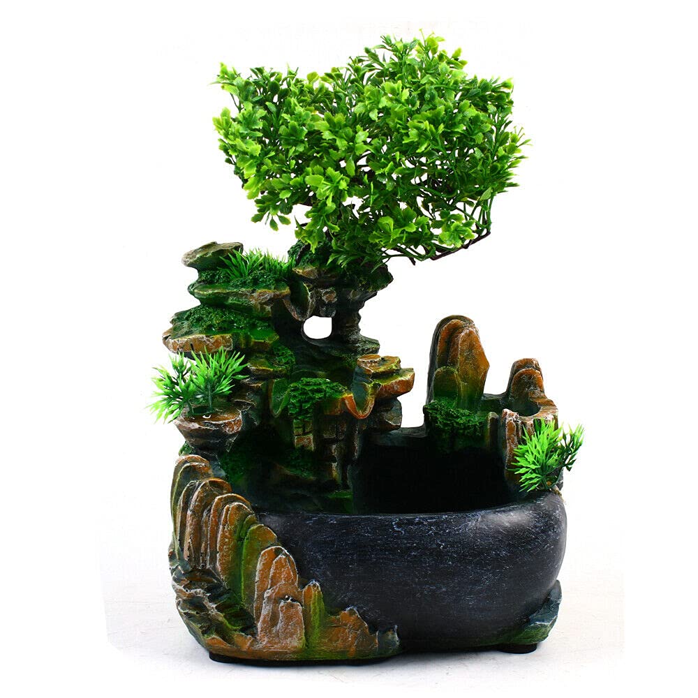 Indoor Tabletop Fountain with Rockery, Waterfall, Plants & LED Light - Desktop Water Feature & Humidifier for Office, Home, Bedroom Decor | US Stock | Perfect for Relaxation, Meditation & Stress Relief