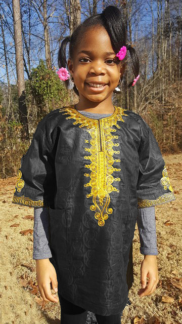 Stylish Black Dashiki with Gold Embroidery for Girls & Boys | African Print Traditional Outfit | Perfect for Cultural Events, Weddings & Family Gatherings