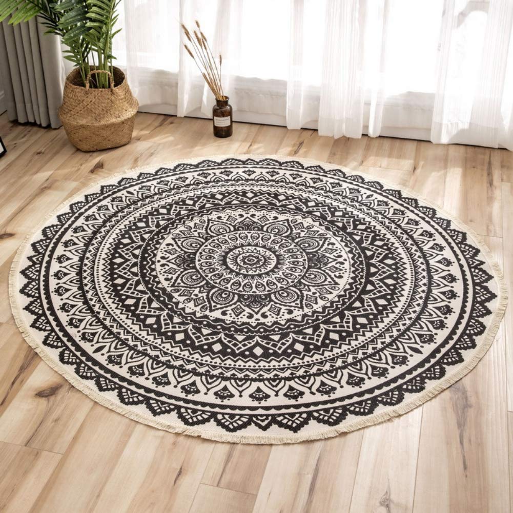 Bohemian Mandala Round Area Rug - 3 Feet Handwoven Cotton Circle Rug with Tassels for Bedroom, Nursery, Living Room & Play Area | Non-Slip Kids Room Carpet, Boho Home Decor Floor Mat