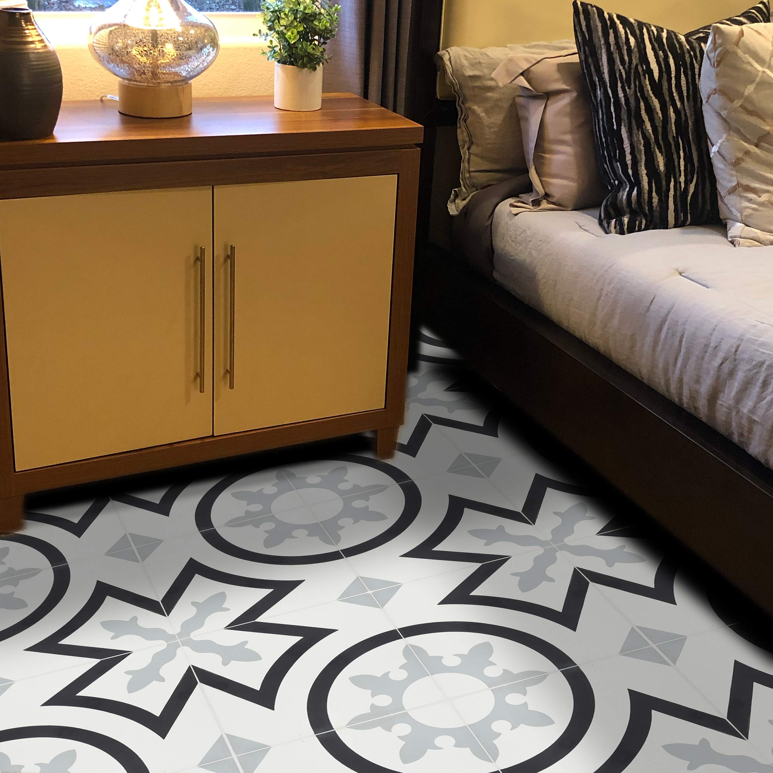 Handmade Moroccan Cement Tiles - Pack of 12 Black & Grey Mosaic Floor Tiles for Kitchen, Bathroom & Outdoor Patio Decor