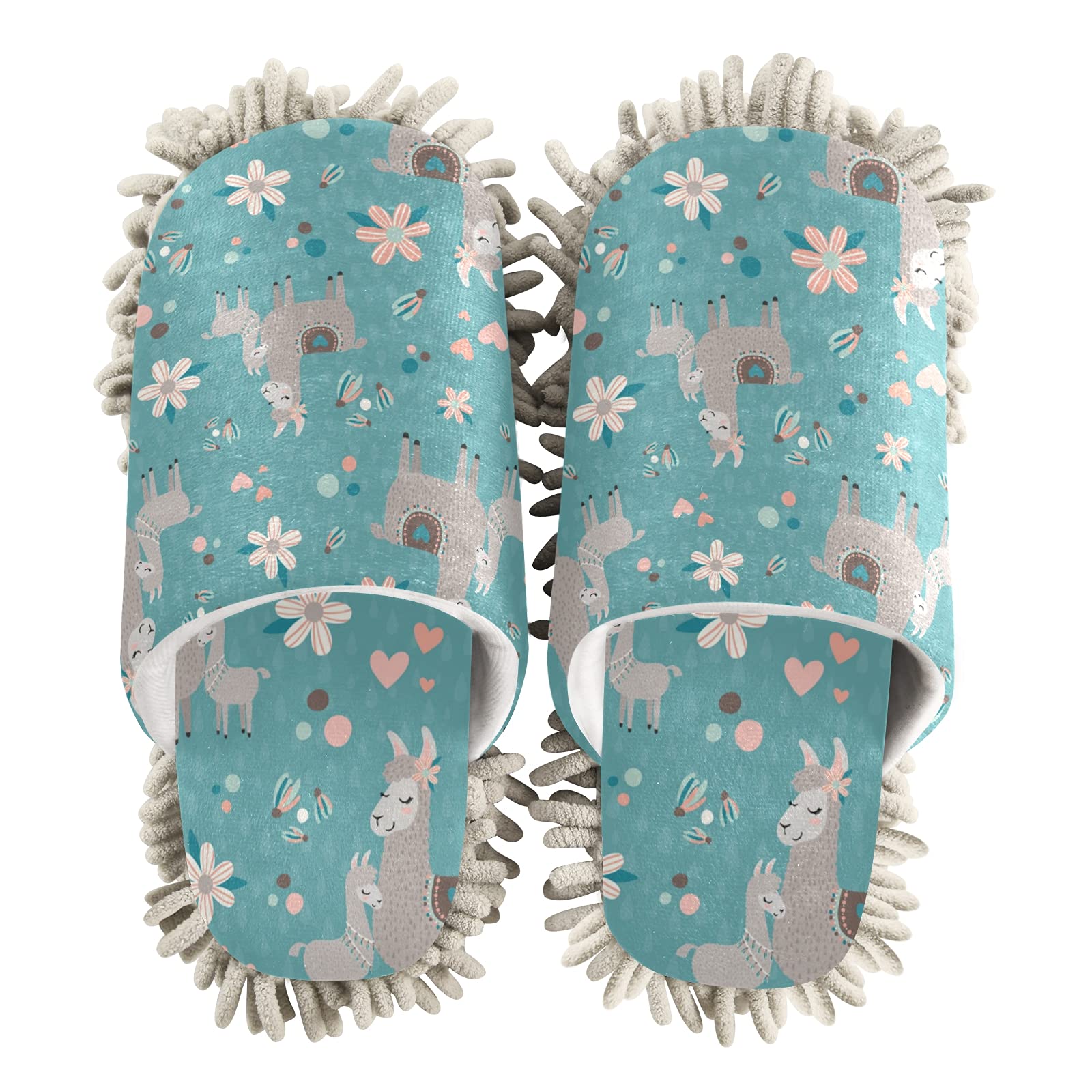 Cute Llama & Alpaca Pattern Mop Slippers - Non-Slip House Cleaning Shoes for Men & Women - Tropical Flower Design Dusting Slippers for Home, Spa & Indoor Use