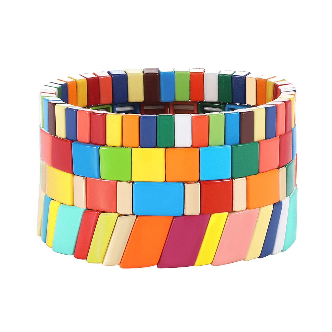 4PCS Rainbow Enamel Tile Bracelets for Women - Colorful Stackable Beaded Bracelet Set with Multicolored Tile Beads | Perfect for Summer, Beach Parties, Boho Fashion & Everyday Wear