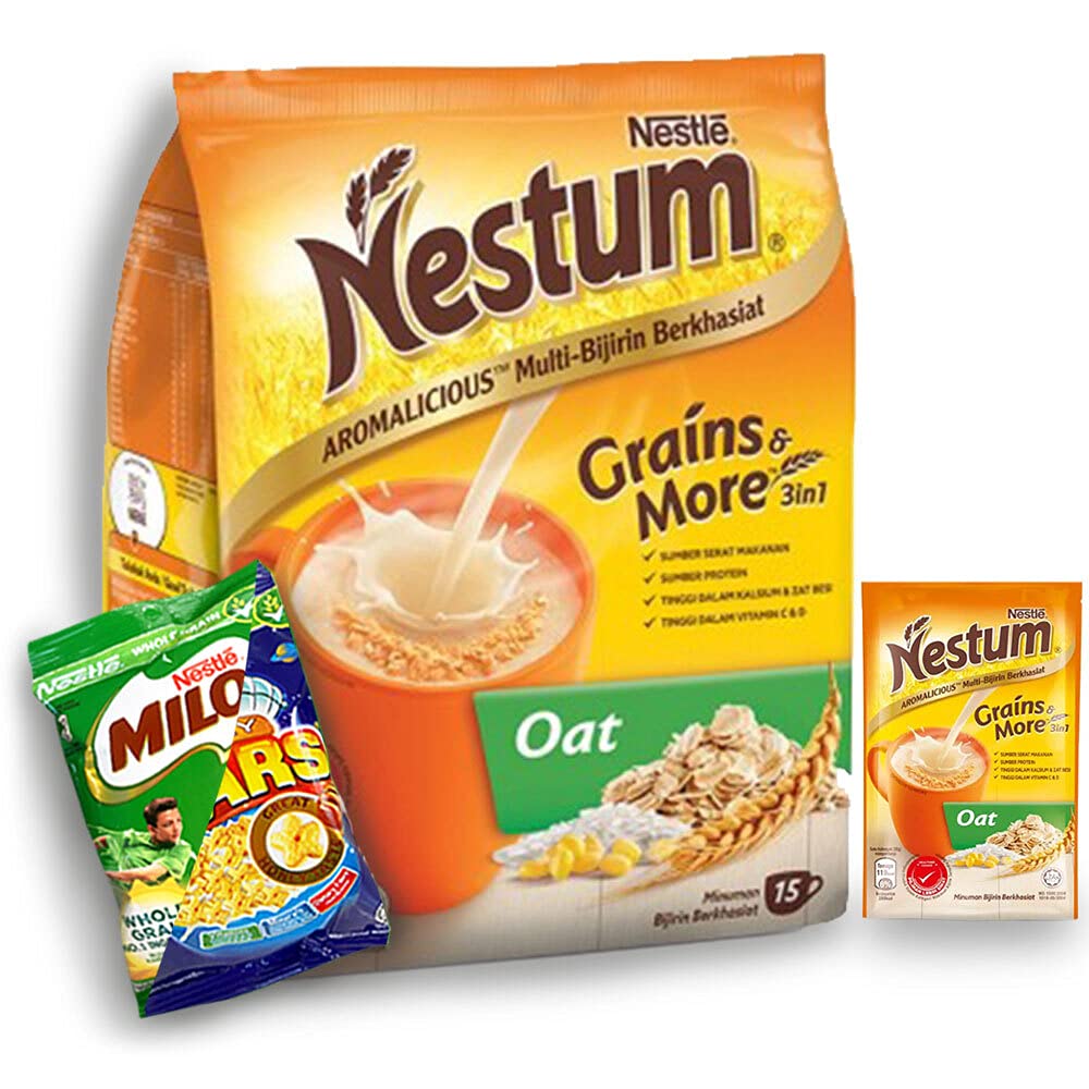 Nestum All Family 3-in-1 Instant Cereal Milk Drink & Nestle Cereal Snack Bundle (Milo/Koko Krunch/Honey Star, 30g) - Whole Grain Wheat, Rice & Corn Low Fat Cereal with Vitamins (15 Oat Sachets) - Perfect for Breakfast, Snacks & Kids Lunch Boxes