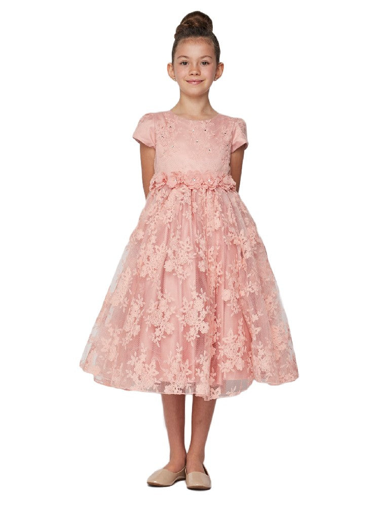 Elegant Dusty Pink French Chantilly Lace T-Length Junior Bridesmaid Dress for Big Girls - Sizes 8-12 | Perfect for Weddings, Formal Events & Special Occasions