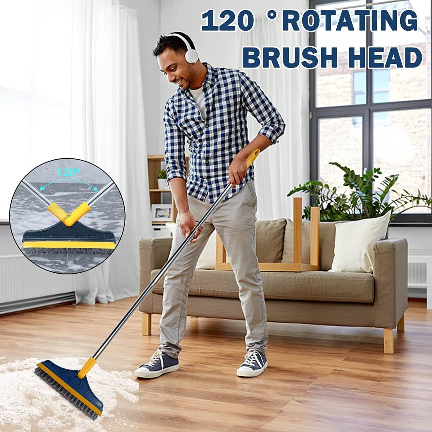 Wazdorf 2 in 1 Bathroom Cleaning Brush with Long Handle - 120° Rotating Tile & Floor Scrubber for Kitchen, Shower, Bathtub - Ideal for Grout, Wall & Hard-to-Reach Areas Cleaning