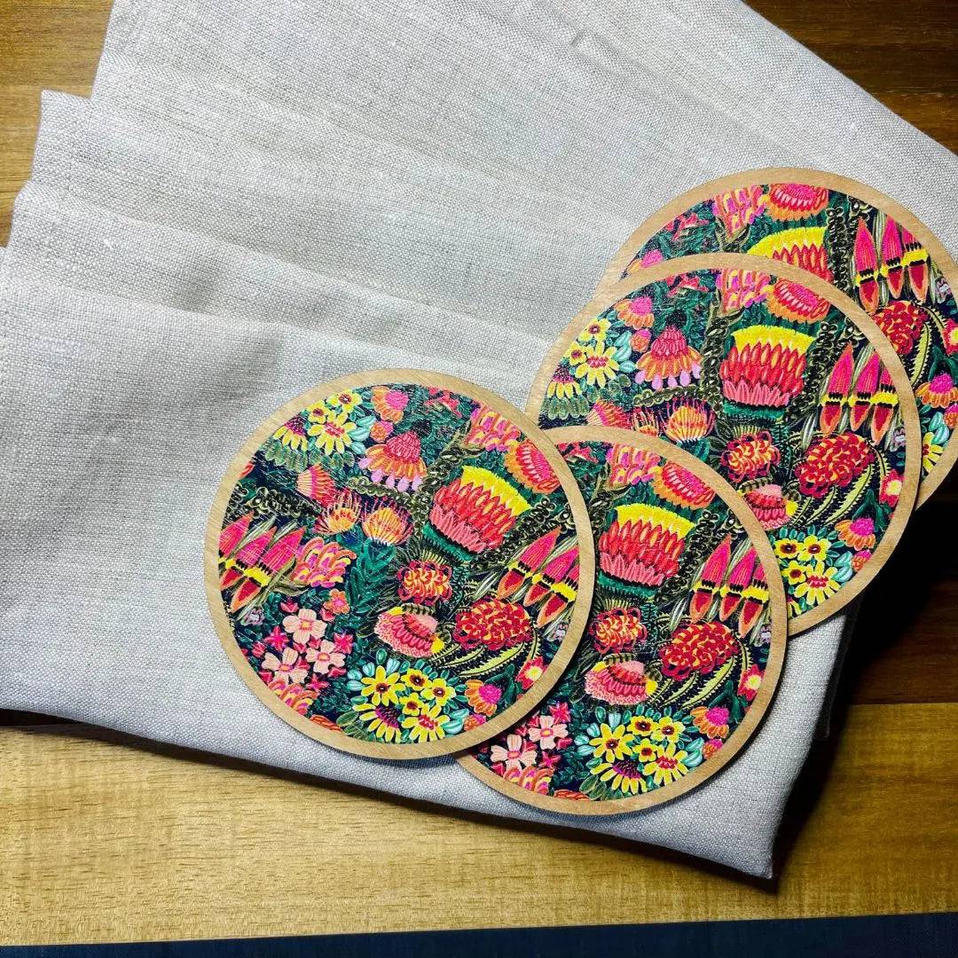 Grevillea Garden Coaster and Napkin Set - 4-Piece Elegant Floral Coasters with Matching Napkins for Dining Table Decor, Outdoor Picnics, and Housewarming Gifts