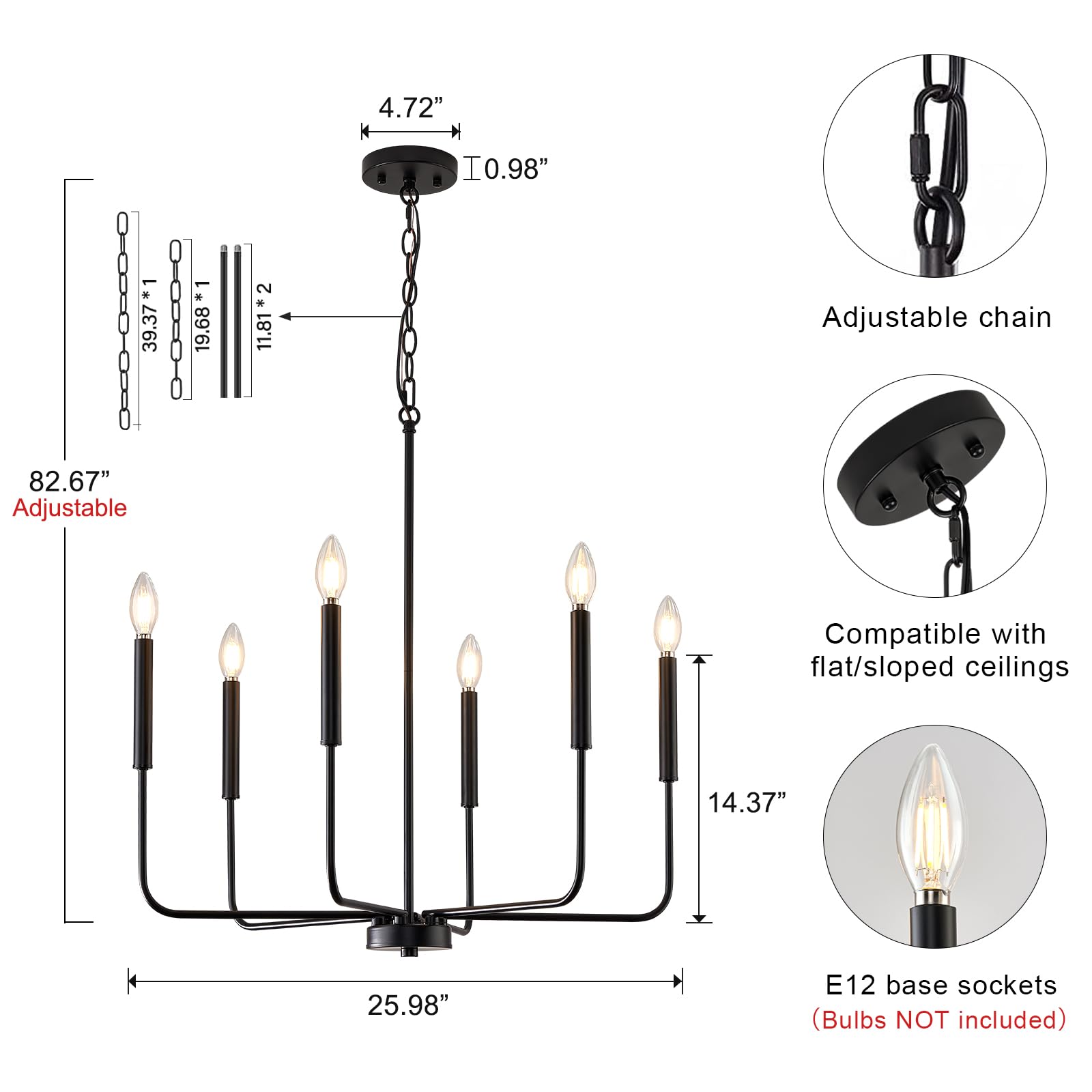 Modern Black 6-Light Chandelier - Farmhouse Style Metal Hanging Light Fixture with Chain for Dining Room, Kitchen, Living Room, Bedroom & Foyer | Elegant Candle-Style Lighting for Home Decor & Entertaining