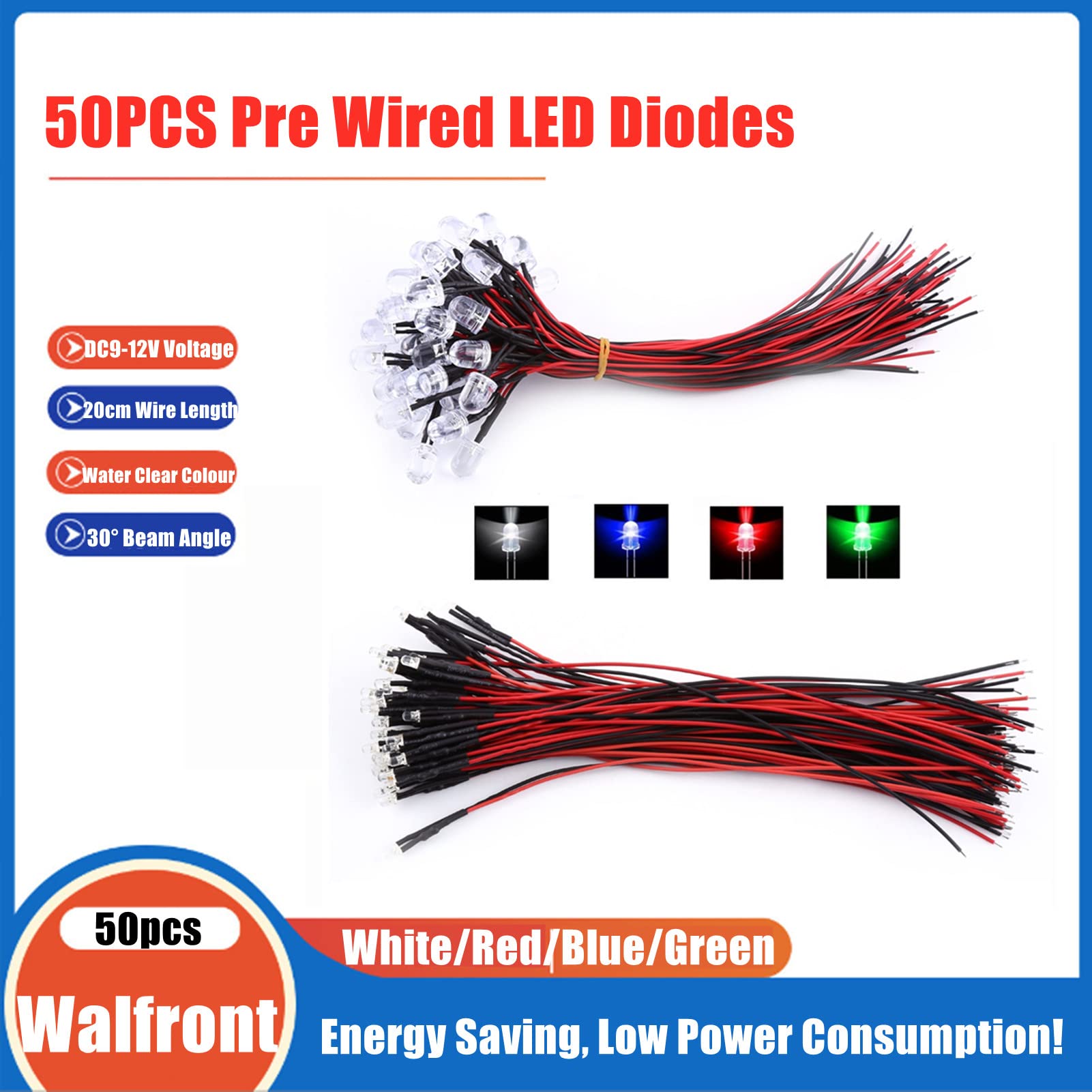 50Pcs 3mm/5mm/10mm LED Diode Lights DC 9-12V Pre-Wired Round Clear Small LED Bulbs for DIY Science Projects, Home Decor, Car Lighting, and Electronic Experiments (Red Light 5mm) - Perfect for Circuit Boards, Model Making, and Holiday Decorations