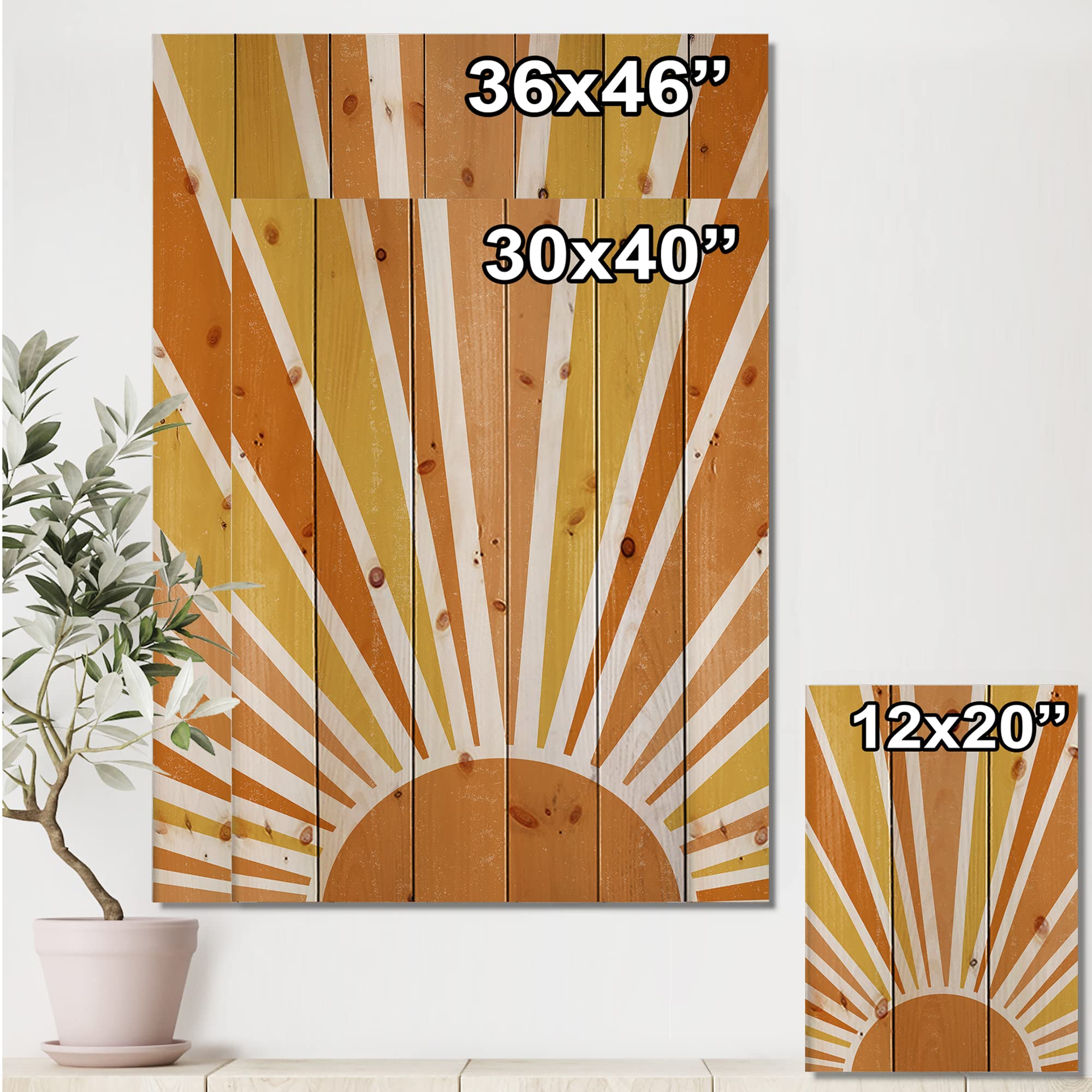 Minimalist Bright Orange Sun Rays Wood Wall Art - Modern Abstract Pine Wood Decor for Living Room, Bedroom & Office - Large Contemporary Wood Panels Printed on Natural Pine