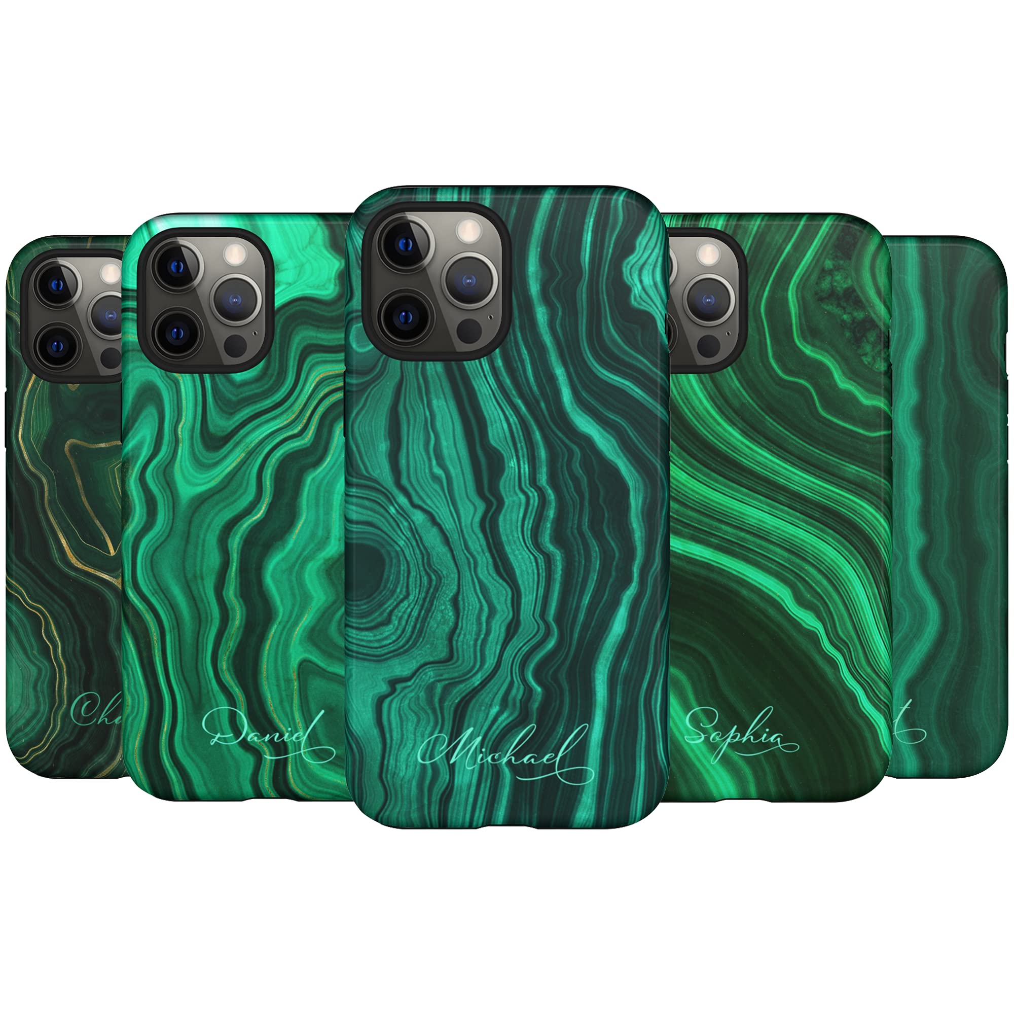 Custom Emerald Malachite Agate Marble Phone Case - Personalized Name Engraved - Compatible with iPhone 16 Plus/15 Pro Max/14/13 Mini/12/11/X/XS Max/XR/7/8 - Trendy Protective Cover for Work, Travel & Everyday Use