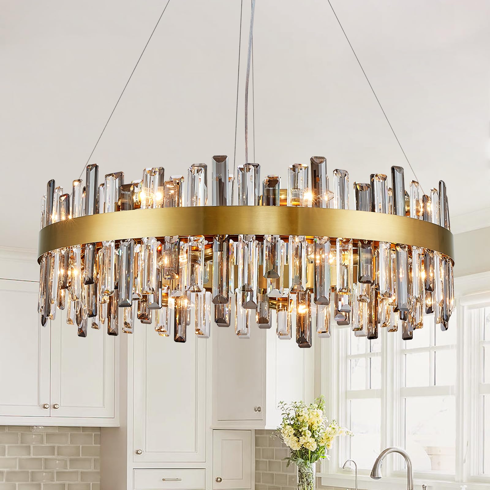 Siljoy Modern 16-Light Crystal Chandelier - Luxury Gold Round 2-Tier Raindrop Design, Dimmable Flush Mount Ceiling Light for Dining Room, Living Room, Entryway & Foyer (31.5