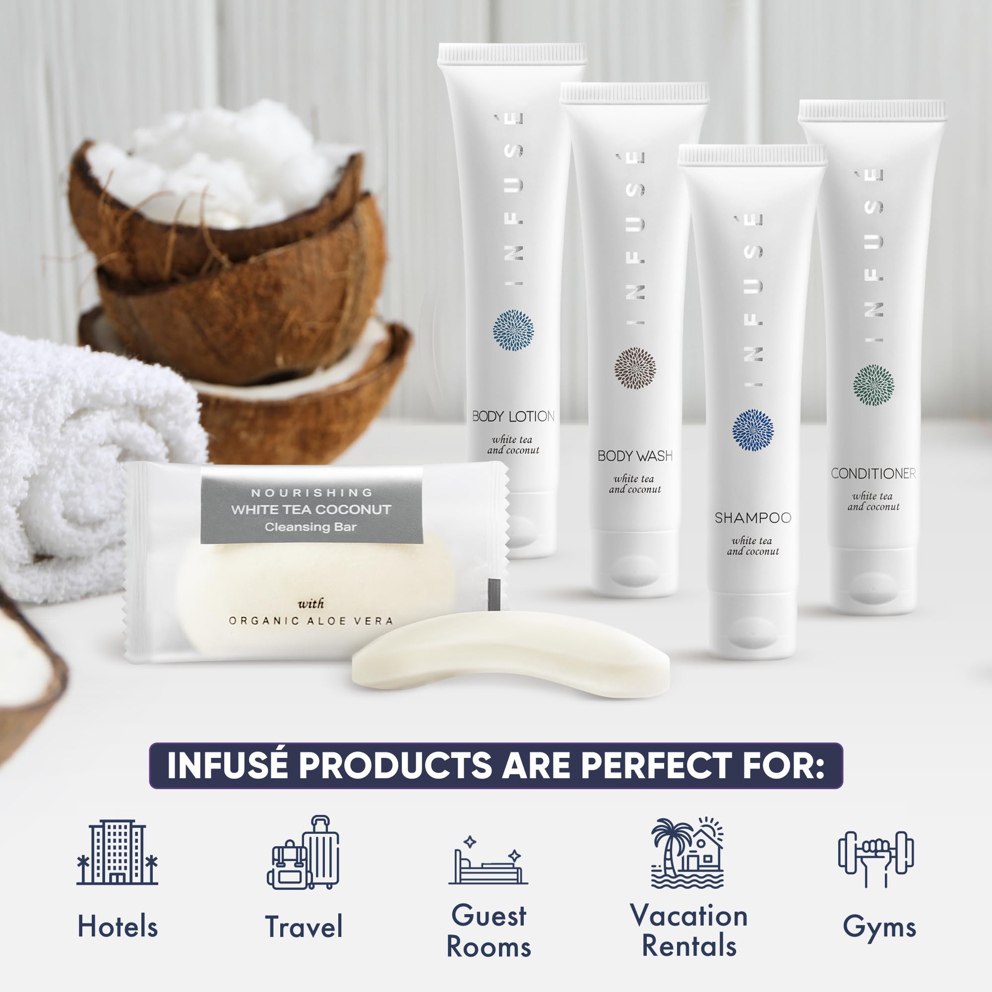 Premium Bulk White Tea & Coconut Infused Hotel Soap Set - 150 Travel-Sized Pieces (1oz Shampoo, Conditioner, Body Wash, Lotion & 1.25oz Bar Soap) | All-In-One Hospitality Kit for Airbnb, Hotels & Vacation Rentals | Eco-Friendly Toiletries for Guests