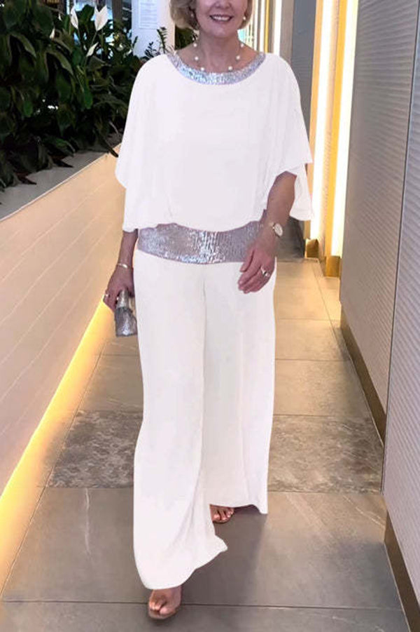 Trendy Sequin Patchwork Dolman Sleeve Blouse & Stretchy Waist Wide Leg Pants Set for Women | Party Outfit, Club Wear, Evening Attire, Special Occasion Fashion