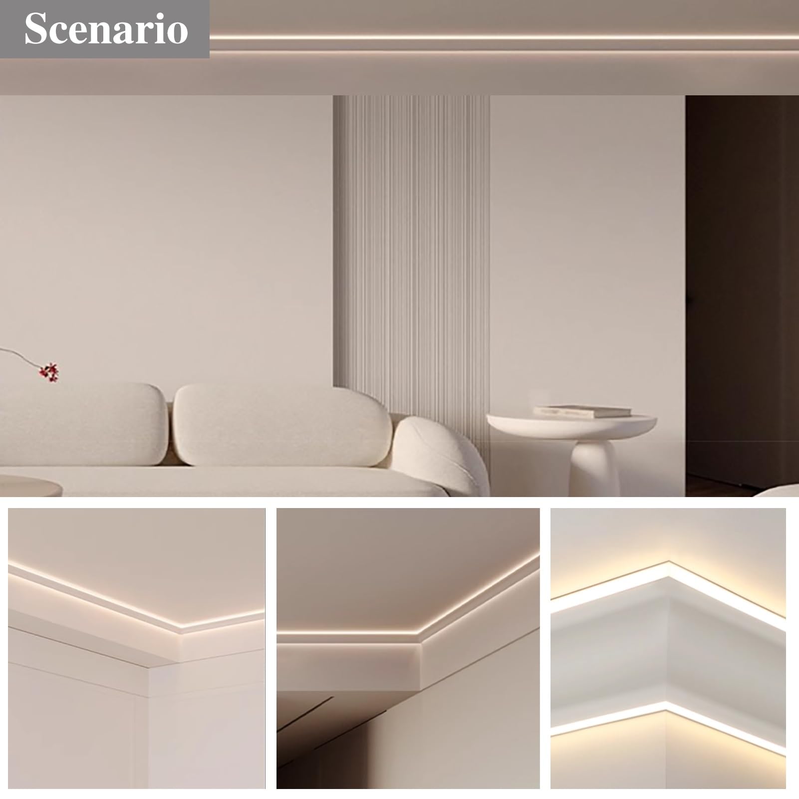 3ft LED Light Strip Diffuser Aluminum Channel - White Large Trim Edge & Cornice Coving for Wall, Ceiling & Baseboard - Perfect for Indirect Lighting, Home Theater & Kitchen Under Cabinet Lighting