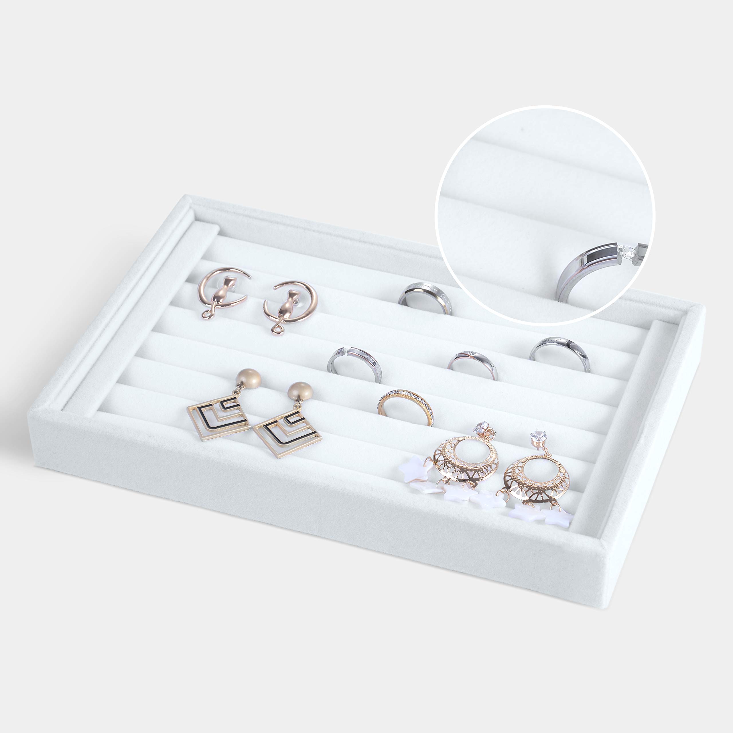 Velvet 7-Slot Ring Earring Tray - Jewelry Organizer & Display Case for Rings, Earrings, Bracelets - Perfect for Home, Store, Wedding, Gift Presentation (White)