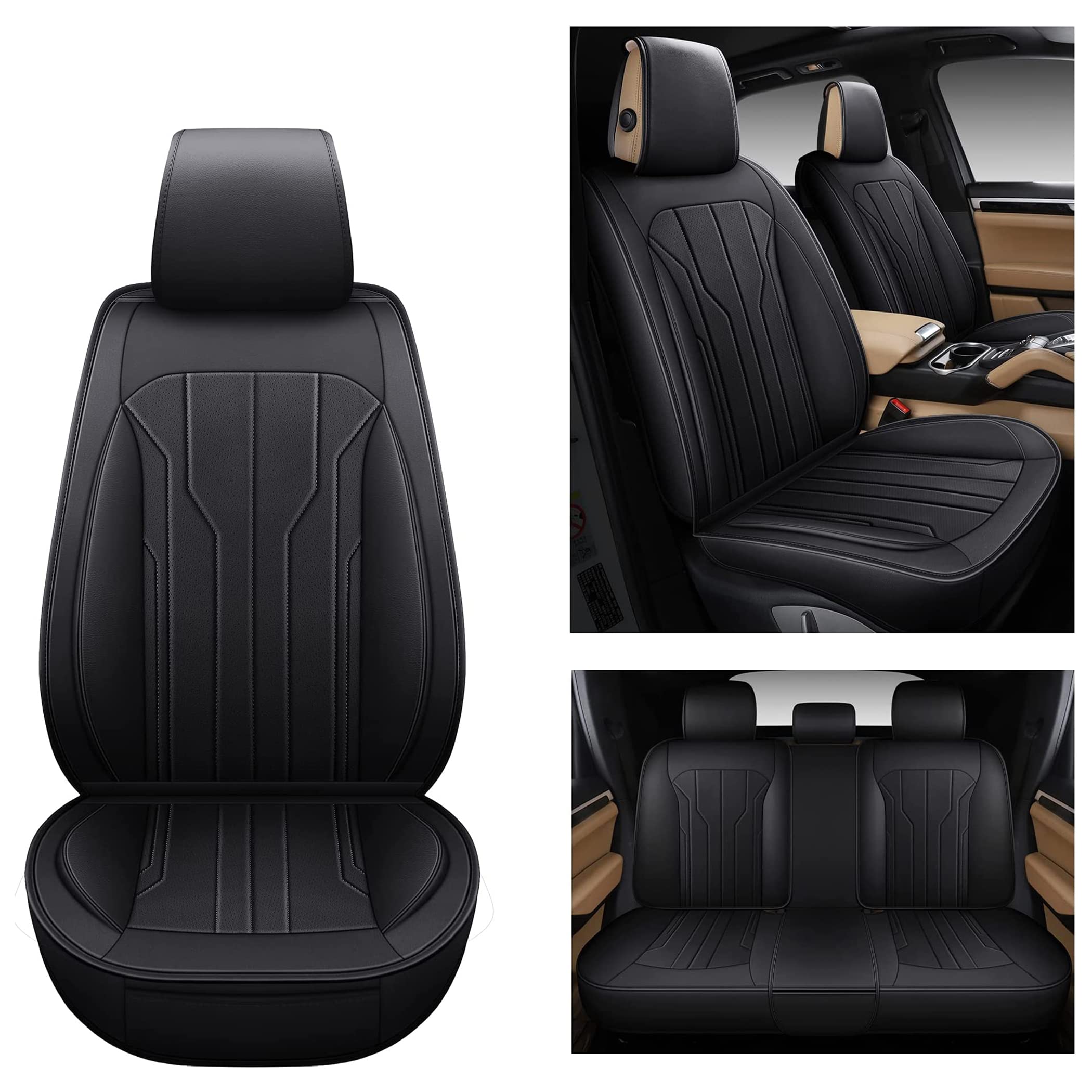 Premium AOOG Leather Car Seat Covers - Universal Fit Leatherette Automotive Seat Protectors for Cars, SUVs & Trucks | Non-Slip Vehicle Interior Accessories (Full Set, Black) | Perfect for Daily Commute, Road Trips & Family Travel