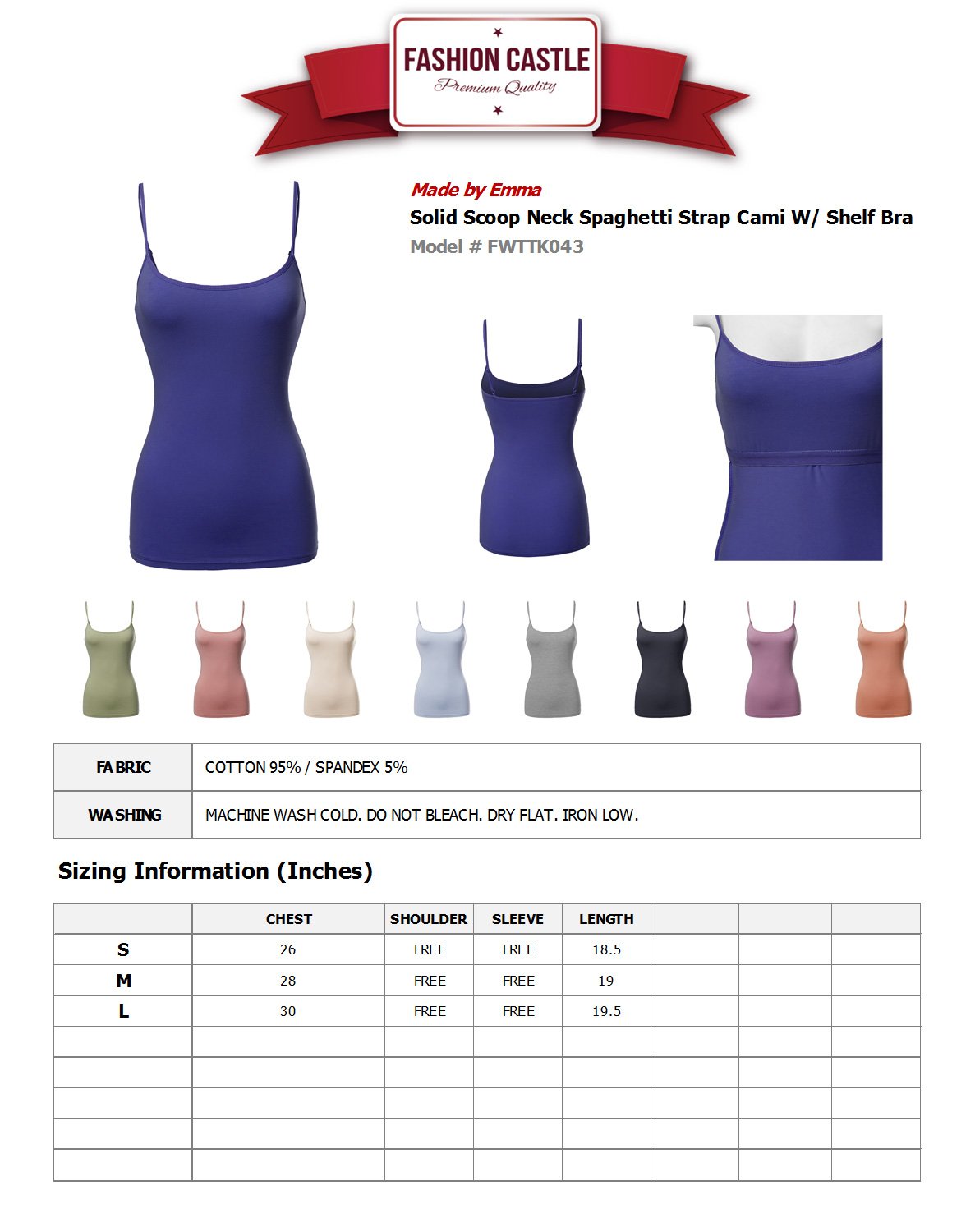 Emma Women's Solid Scoop Neck Spaghetti Strap Cami with Built-in Shelf Bra - Perfect for Layering, Summer Outfits & Casual Wear