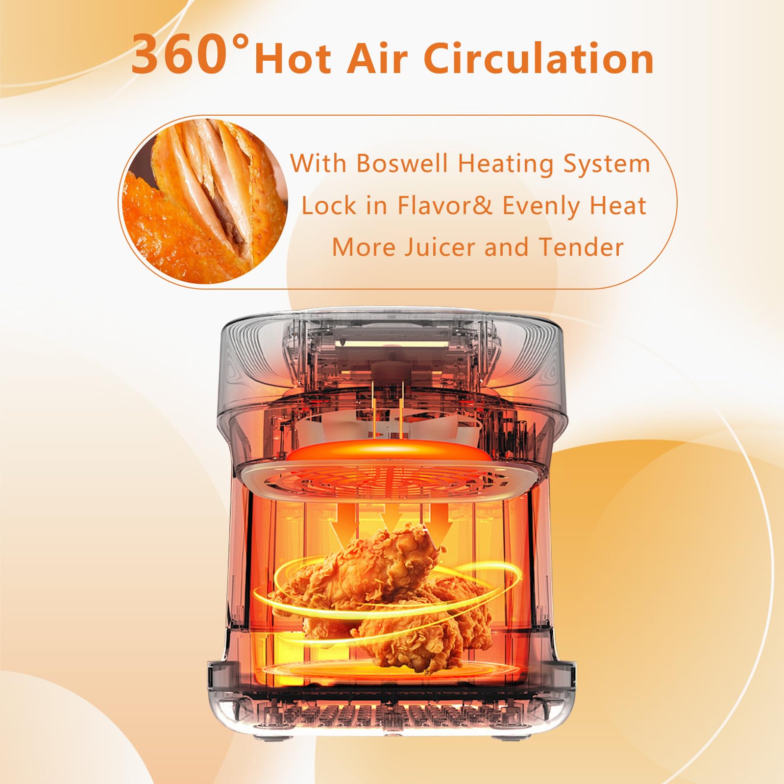 BOSWELL 4.5QT Glass Air Fryer with Transparent Bowl - Non-Toxic, Large Capacity, Circulating Heating & Temperature Control - Dishwasher Safe (Black) - Perfect for Healthy Cooking, Roasting, Baking & Frying at Home