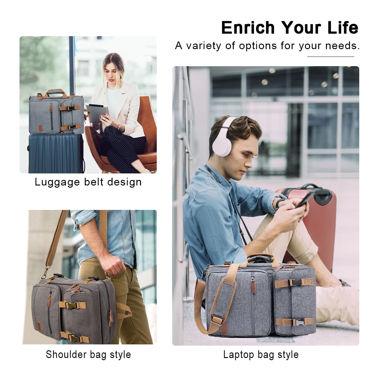 MOLNIA 3 in 1 Laptop Bag for Men & Women, 15.6 Inch Office Work Backpack, Business Briefcase & Messenger Shoulder Bag, Gray - Ideal for Commuting, Travel, and Professional Meetings